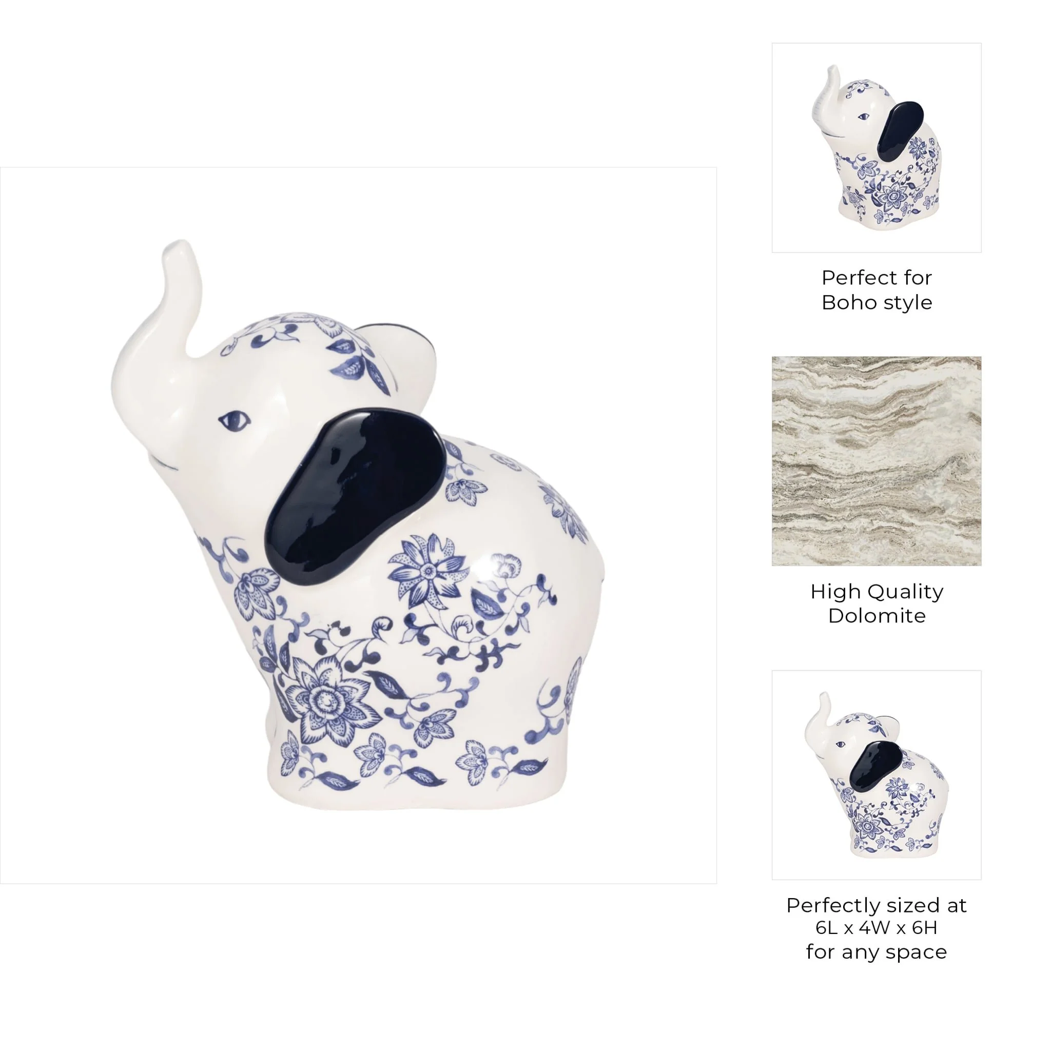 6" Trunk Up Chinoiserie Elephant, Blue/white - Image 10