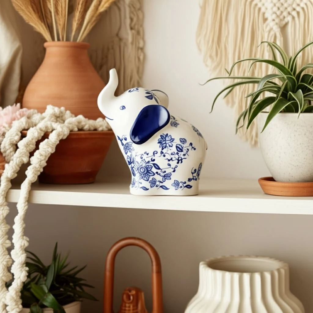 6" Trunk Up Chinoiserie Elephant, Blue/white - Image 12