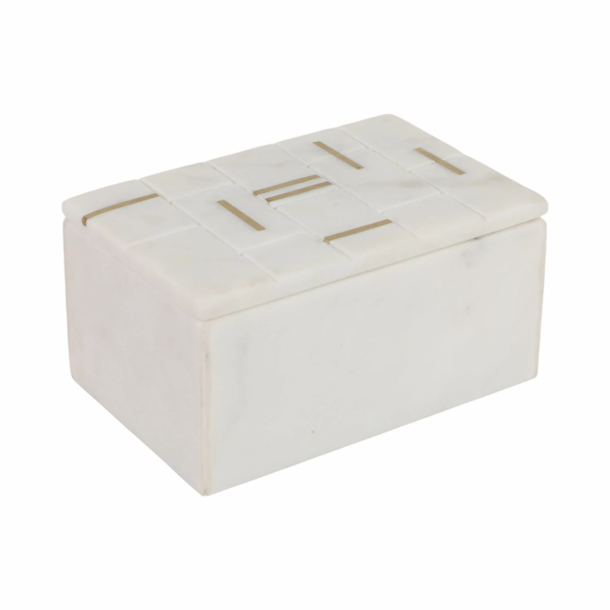 6" White Marble Box With Brass Inlay, White/gold - Image 2