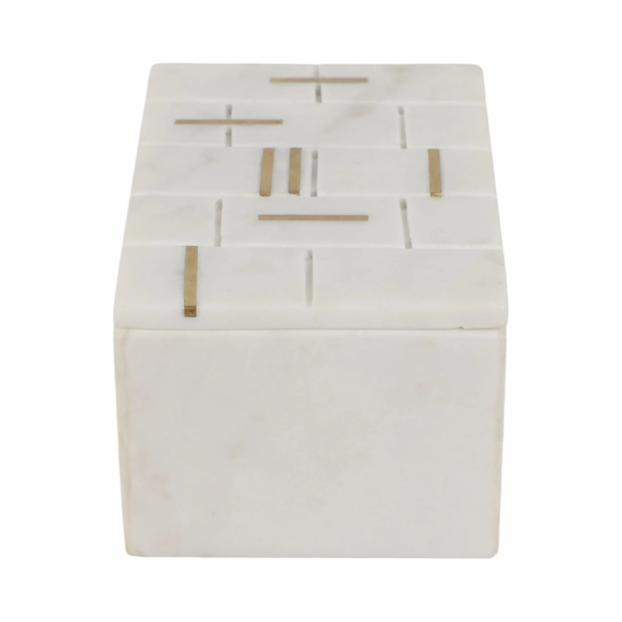 6" White Marble Box With Brass Inlay, White/gold - Image 3