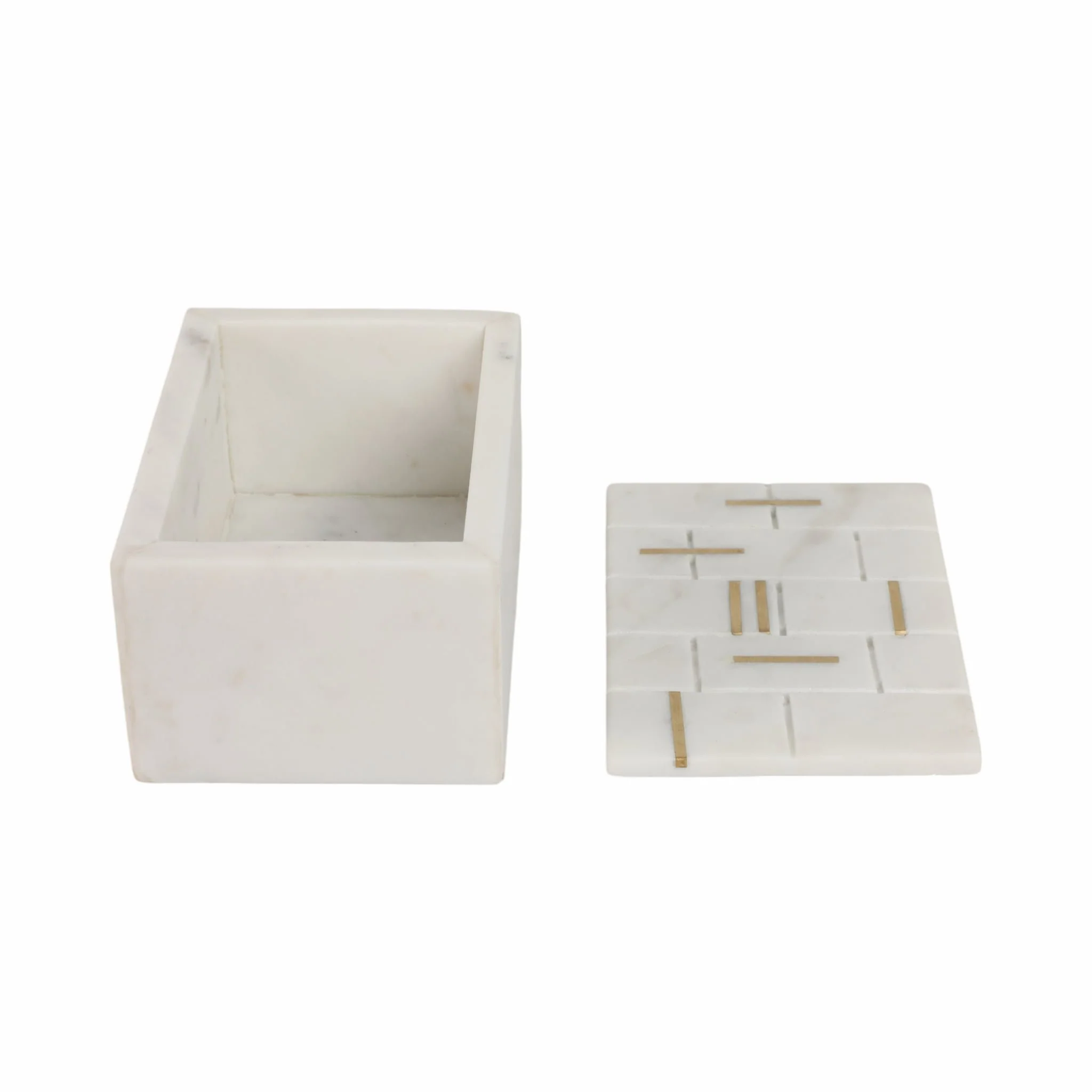 6" White Marble Box With Brass Inlay, White/gold - Image 6