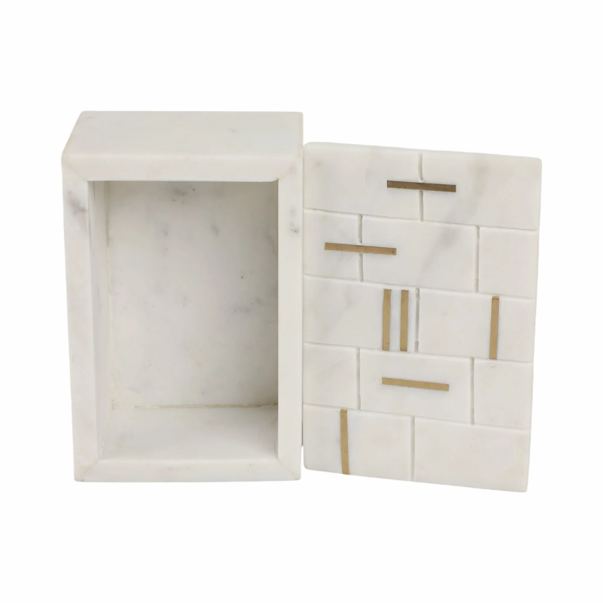 6" White Marble Box With Brass Inlay, White/gold - Image 8