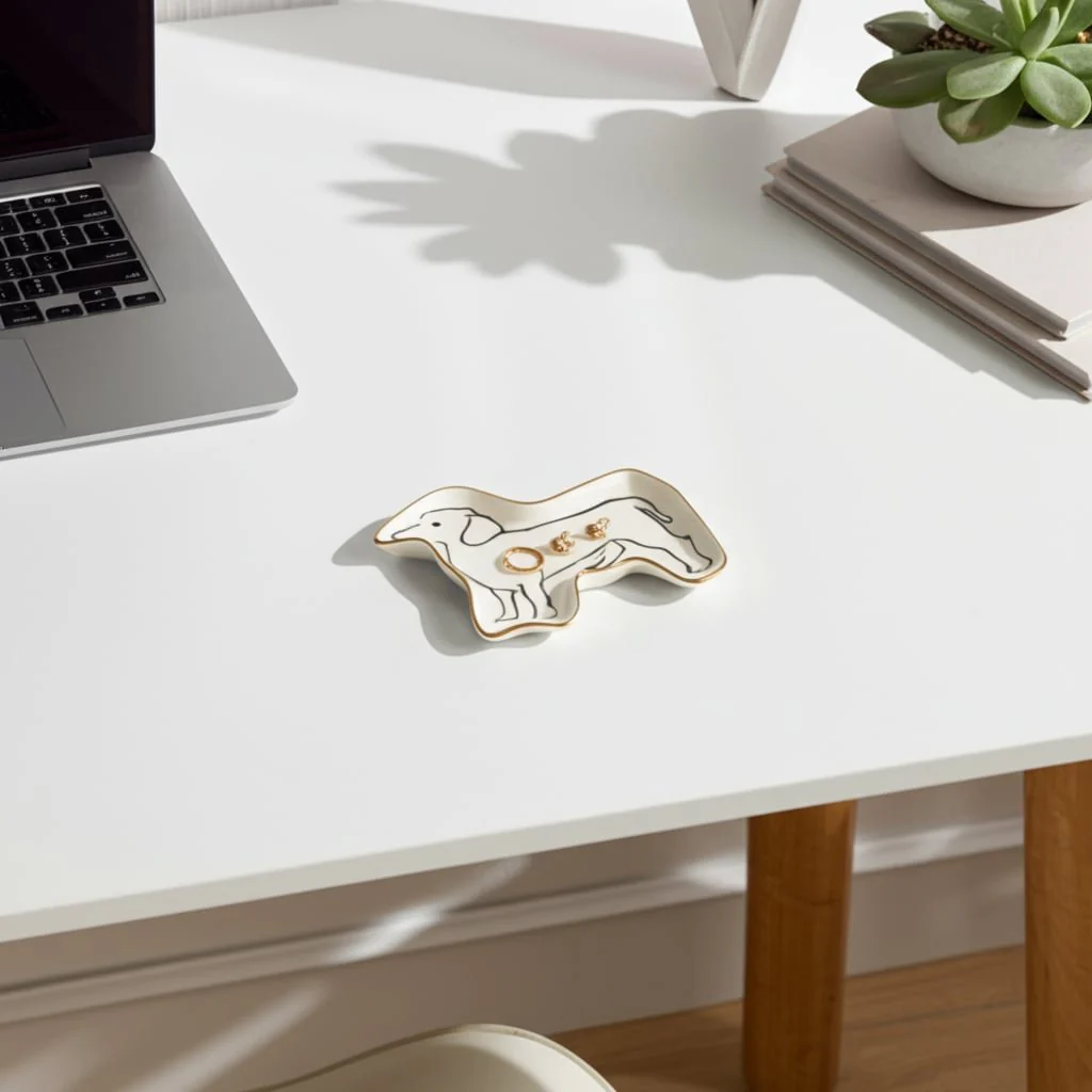 6" Wiener Dog Trinket Tray W/ Gold Detail, White/b - Image 11