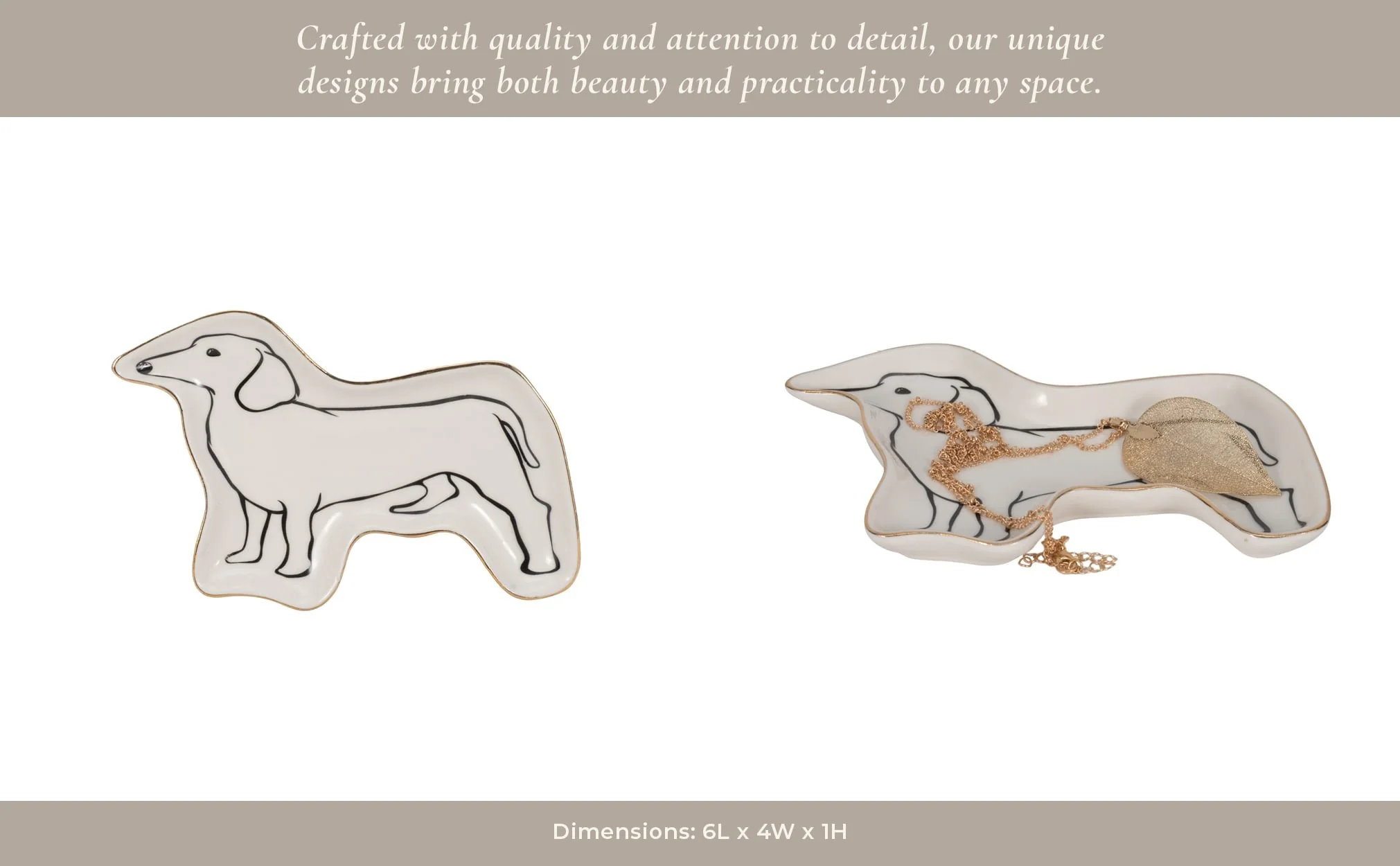 6" Wiener Dog Trinket Tray W/ Gold Detail, White/b - Image 12