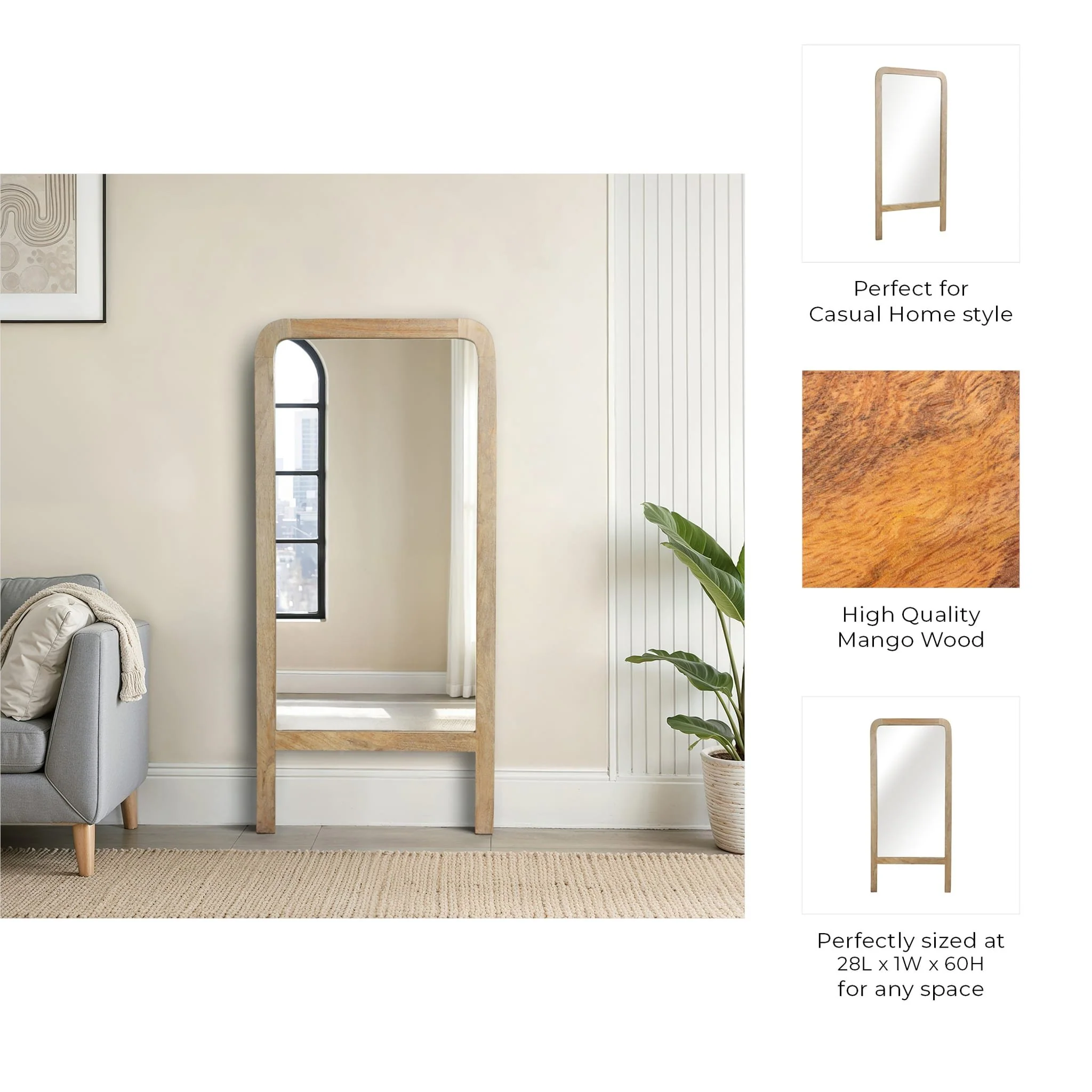 60x28 Leaner Footed Mirror, Natural - Image 8