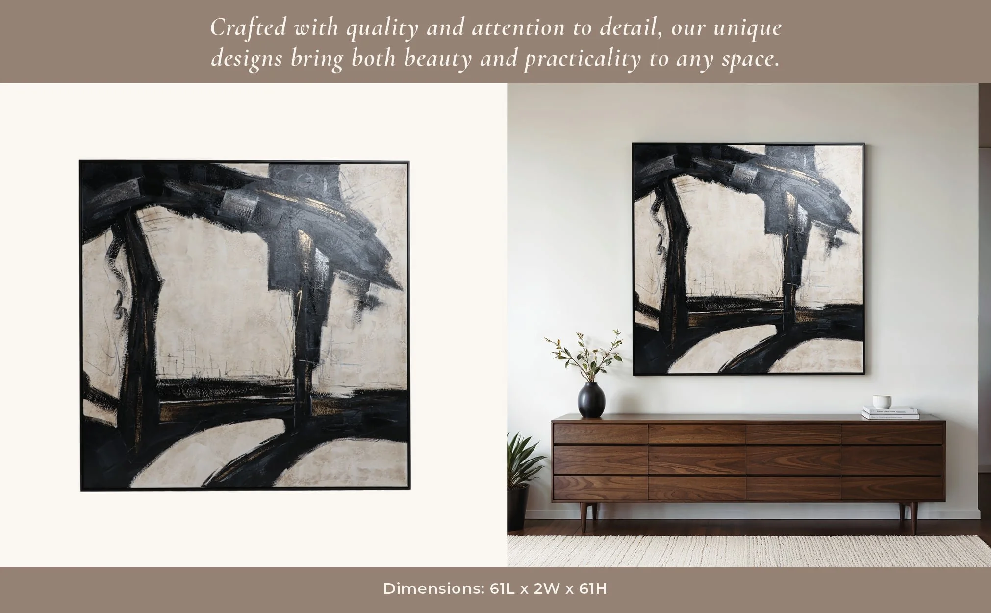 61x61 Framed Hand Painted Abstract Canvas, Black/g - Image 11