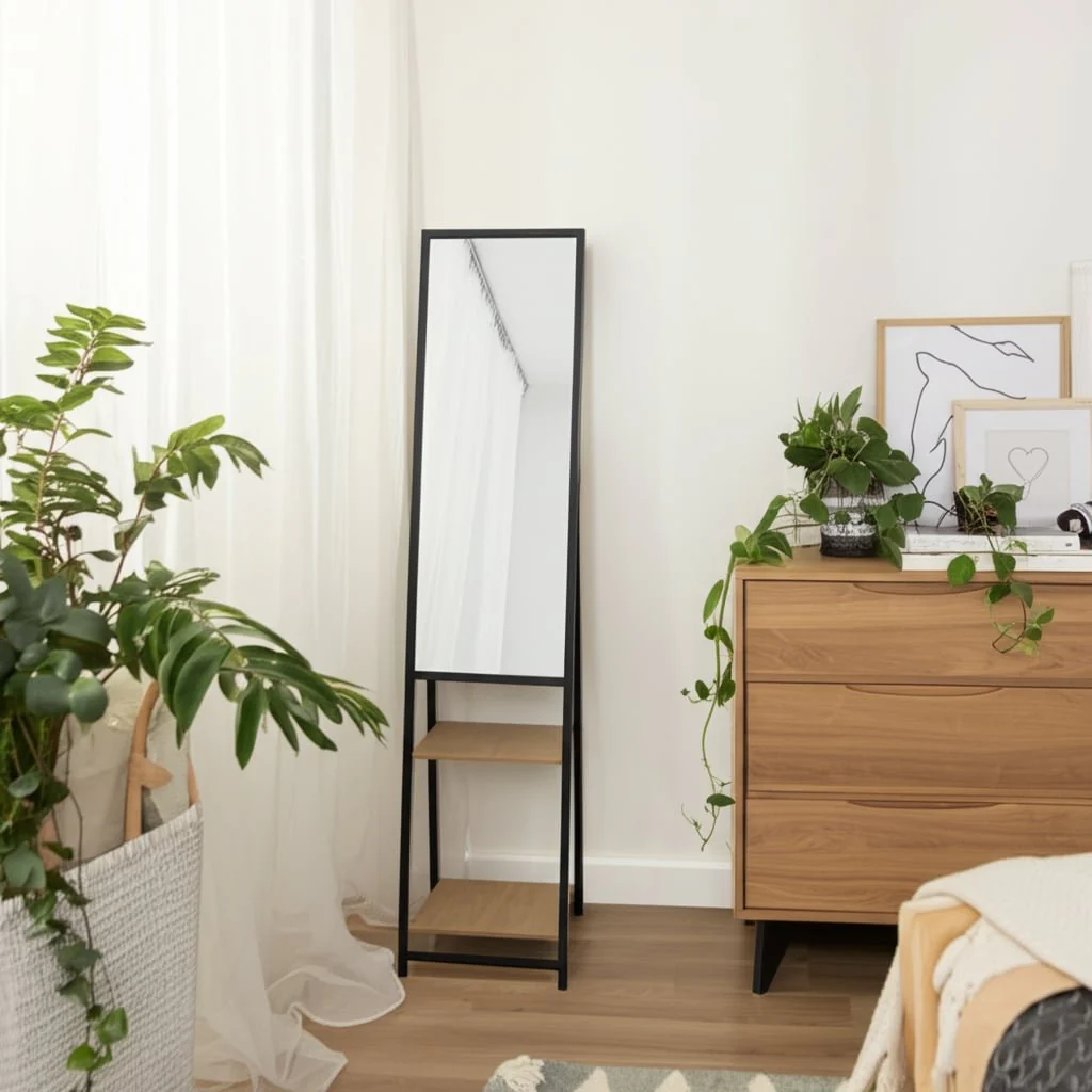 63" Standing Mirror W/ Wood Shelves, Black/natural - Image 10