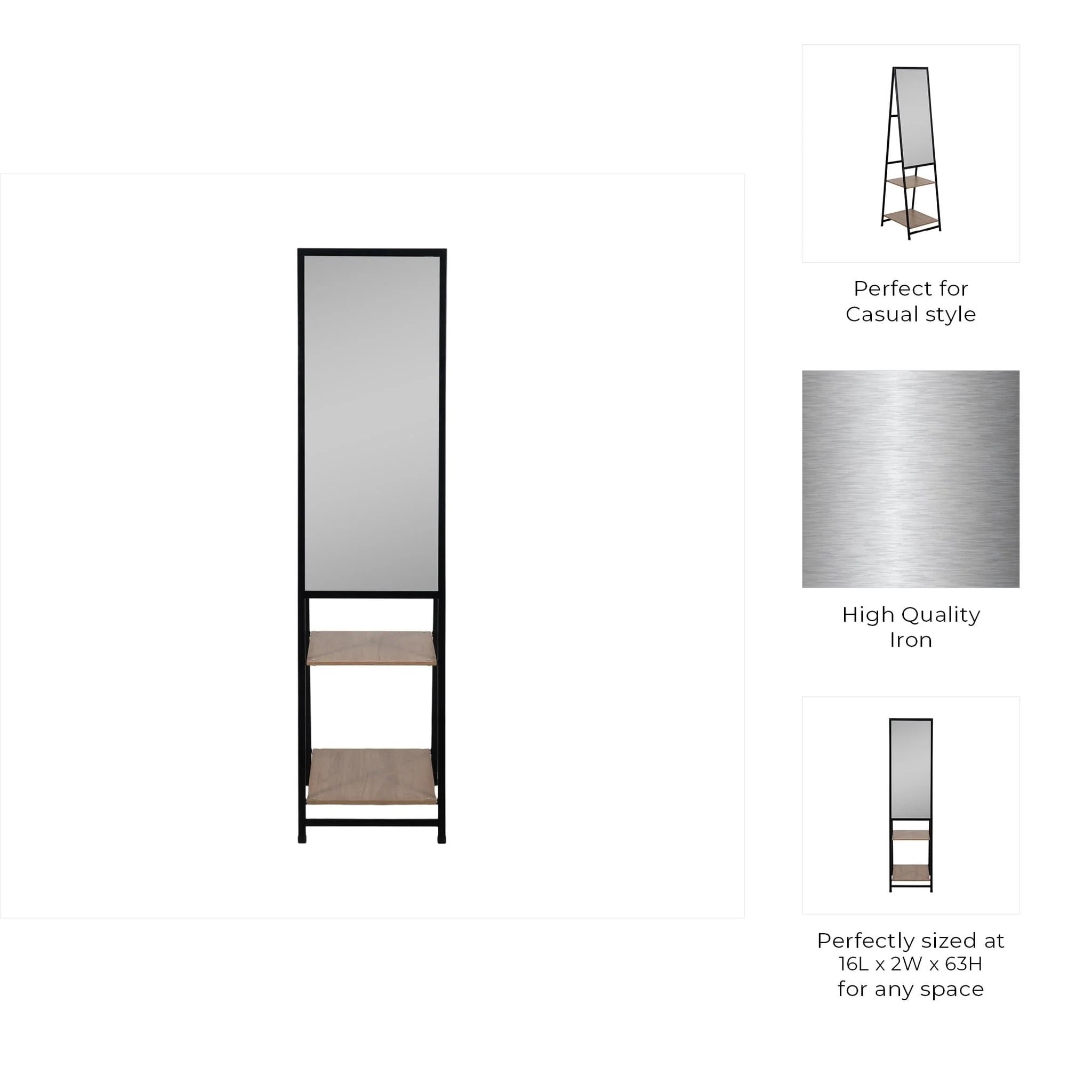 63" Standing Mirror W/ Wood Shelves, Black/natural - Image 8