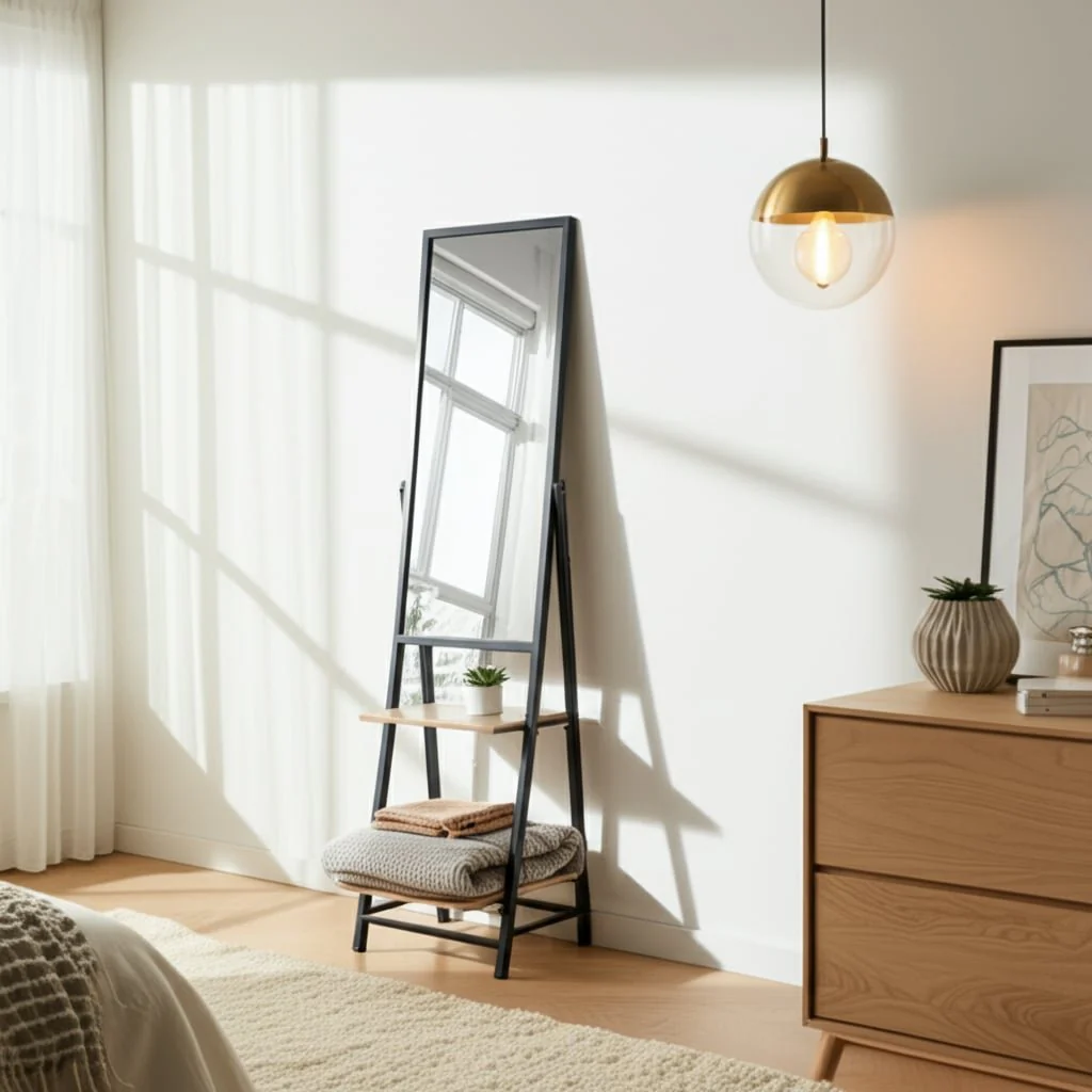 63" Standing Mirror W/ Wood Shelves, Black/natural - Image 9
