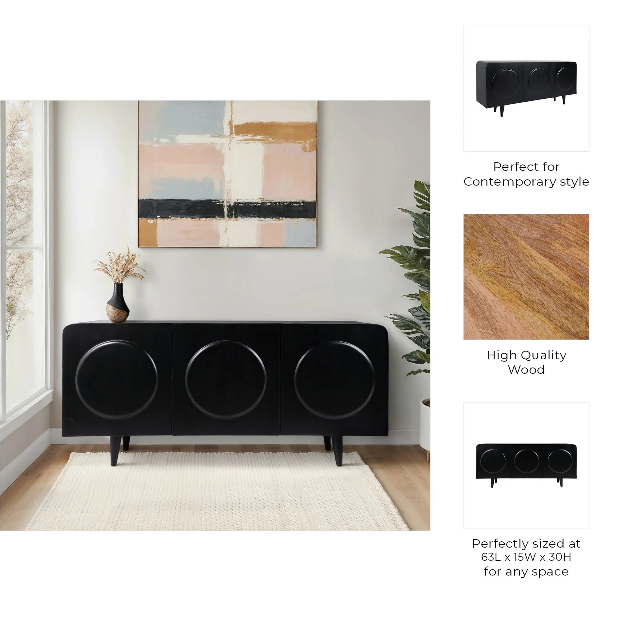 63x30" Large Circles 3-door Cabinet, Black - Image 8