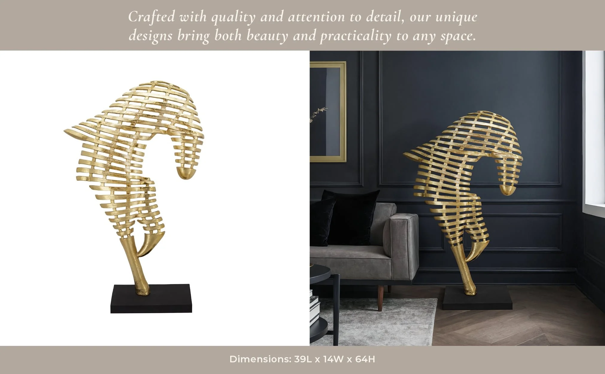 64" Metal Horse Sculpture, Gold - Image 8