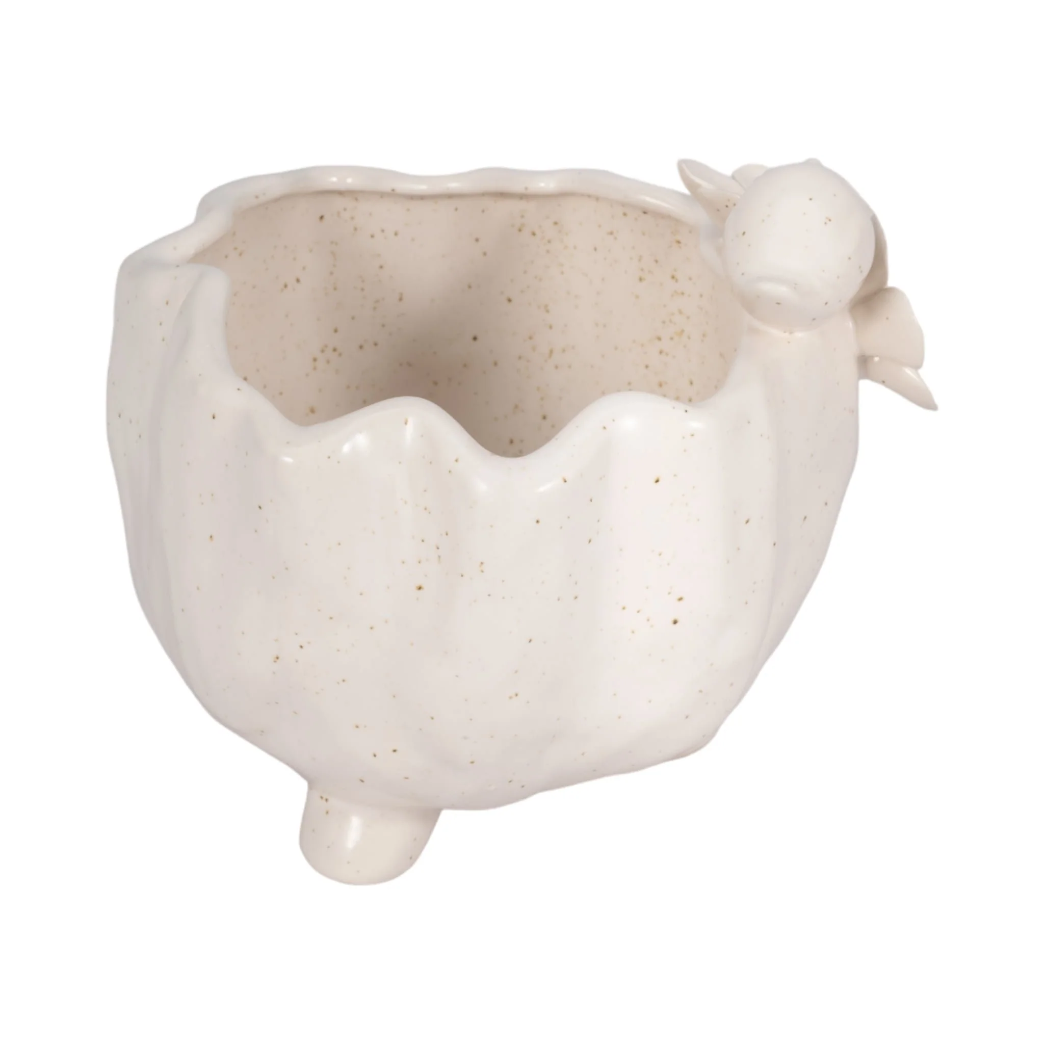 7" Bird And Flower Applique Footed Planter, Ivory - Image 3