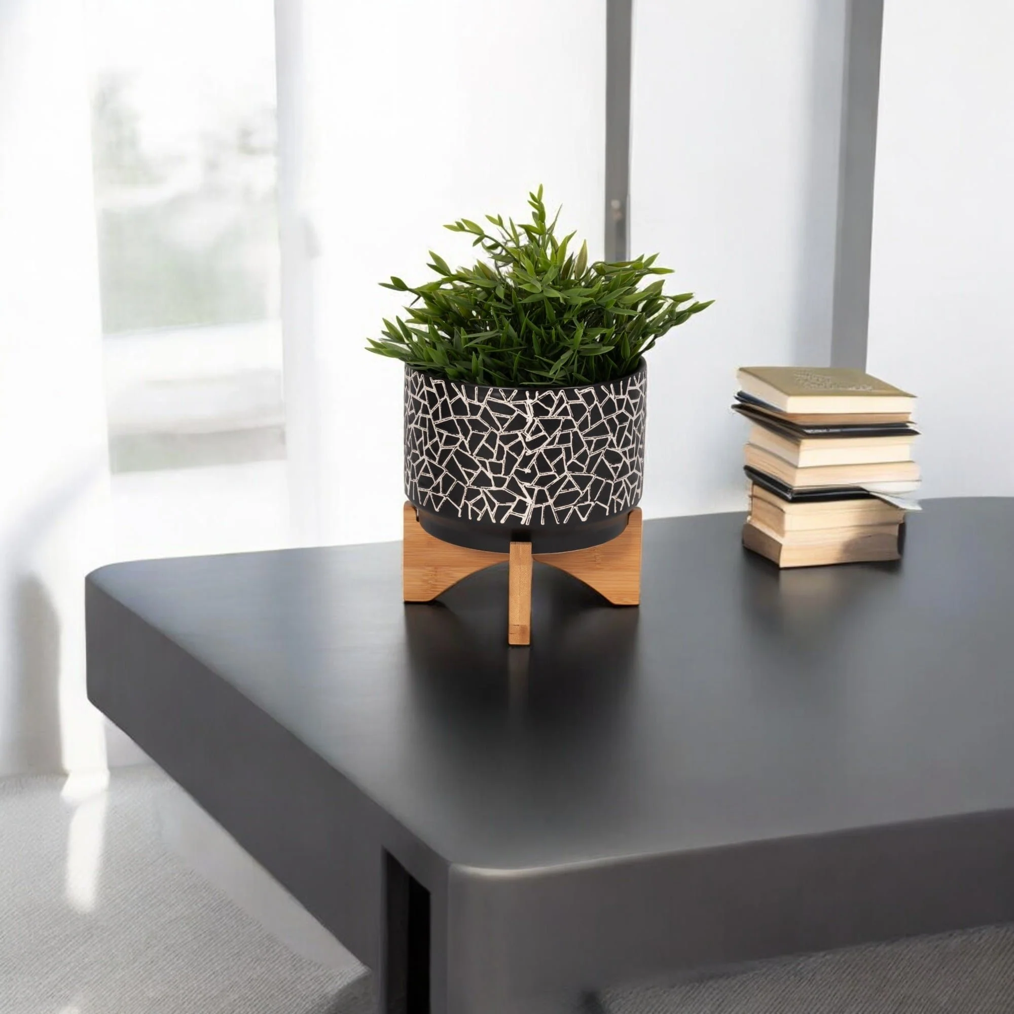 7" Crackled Planter W/ Wood Stand, Black - Image 10