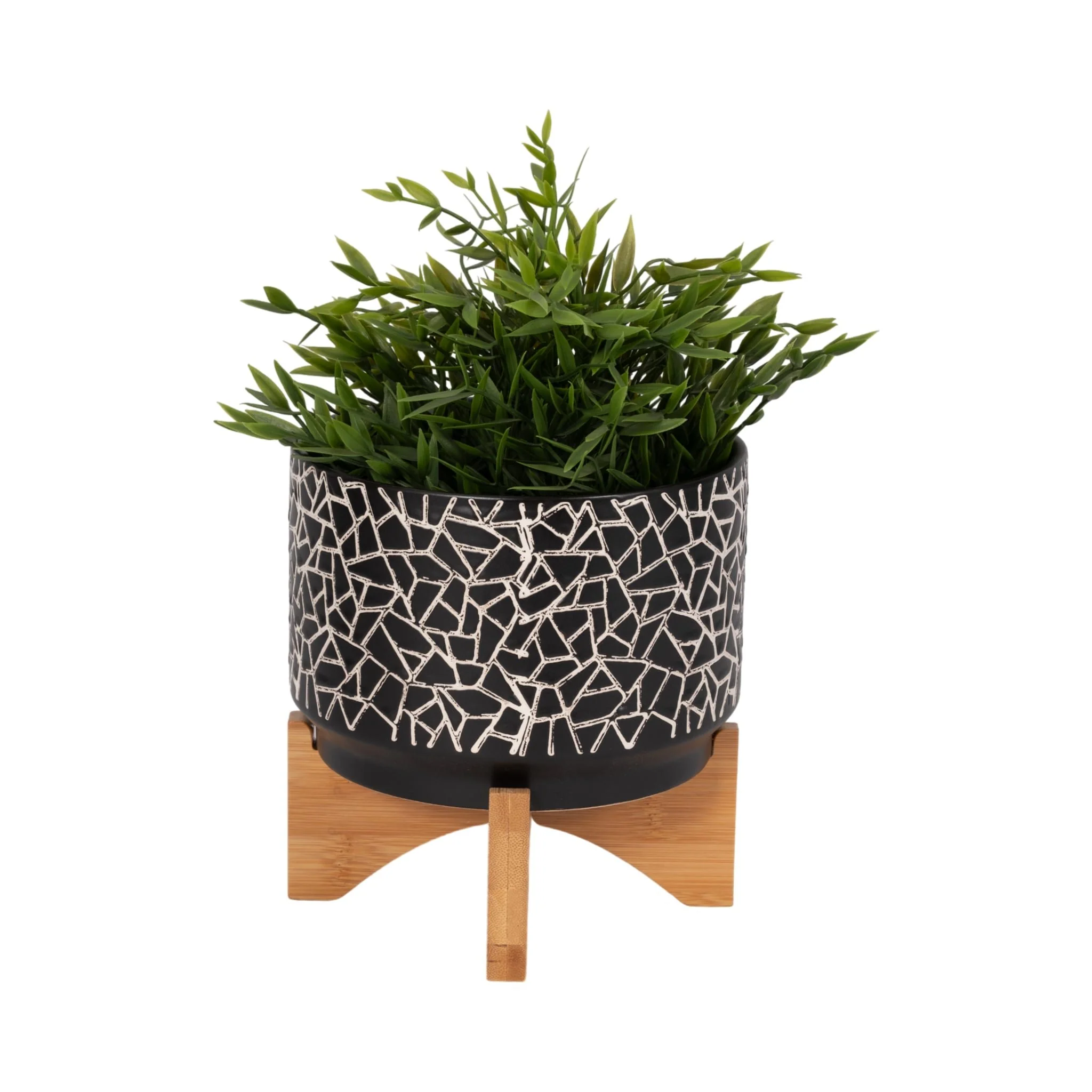 7" Crackled Planter W/ Wood Stand, Black - Image 2