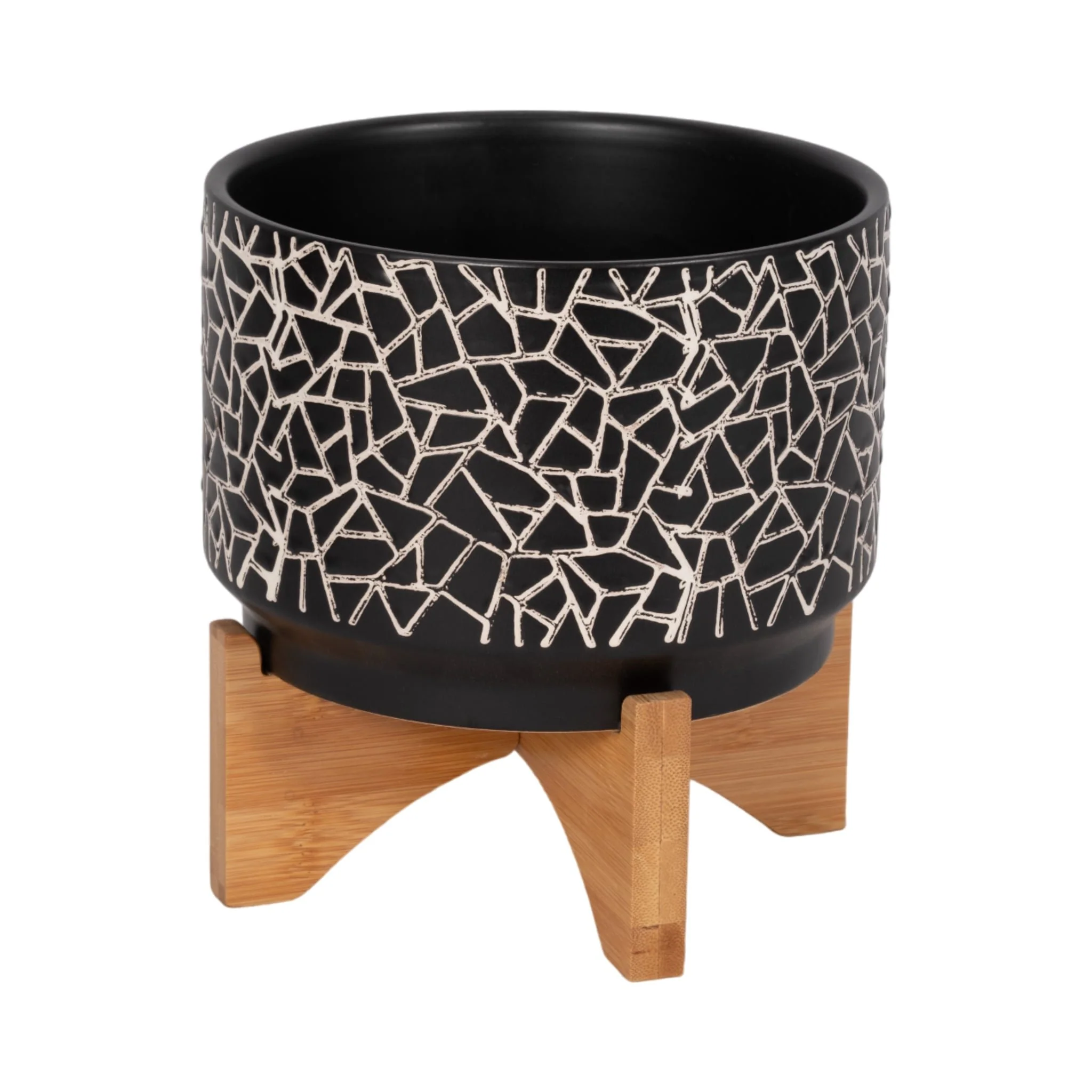 7" Crackled Planter W/ Wood Stand, Black - Image 3
