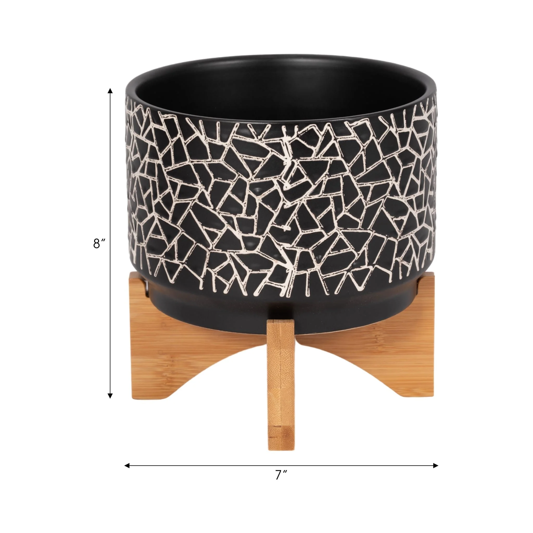 7" Crackled Planter W/ Wood Stand, Black - Image 8
