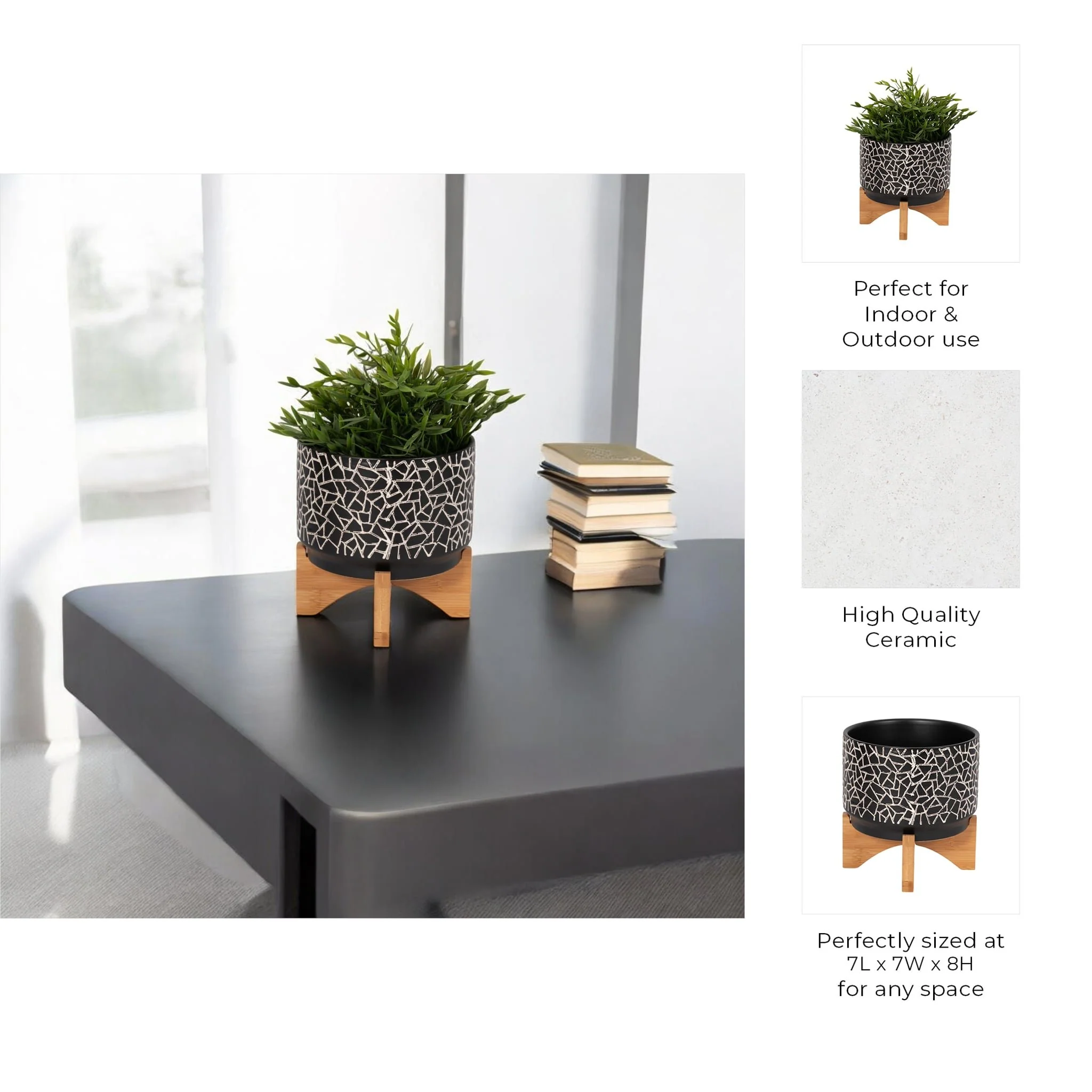 7" Crackled Planter W/ Wood Stand, Black - Image 9
