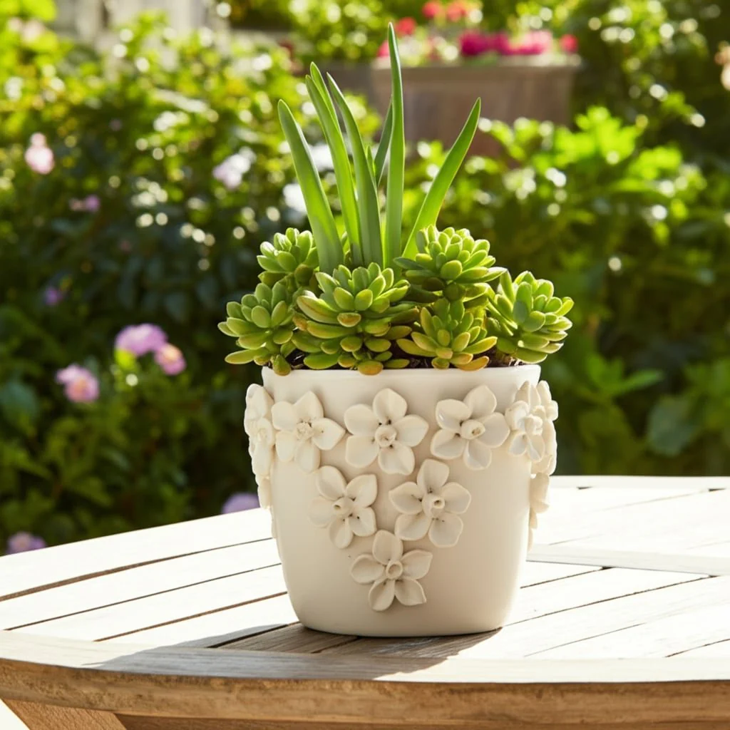7" Floral Applique Planter, Ivory - Image 10