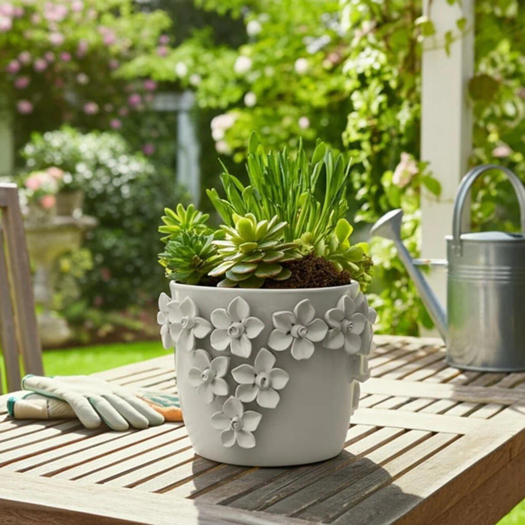 7" Floral Applique Planter, Ivory - Image 12