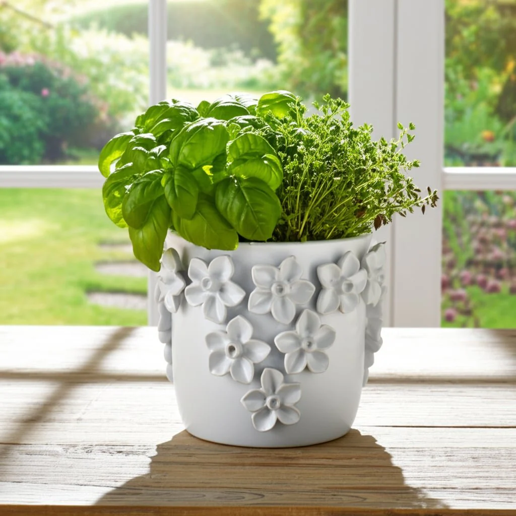 7" Floral Applique Planter, White - Image 10