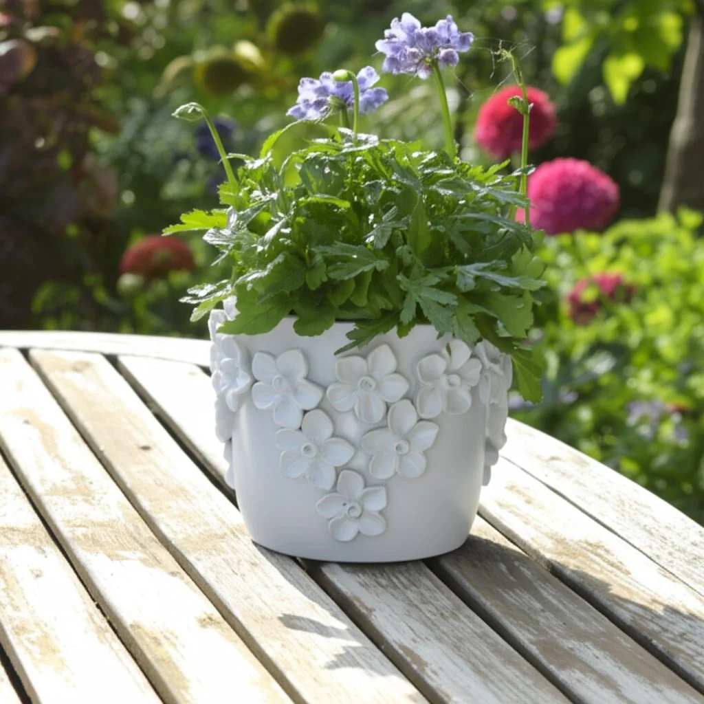 7" Floral Applique Planter, White - Image 12