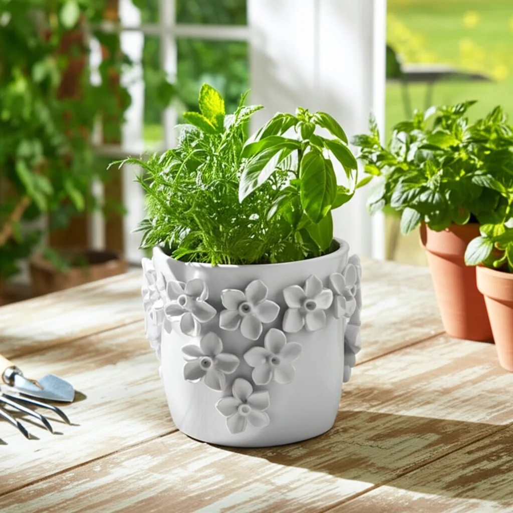 7" Floral Applique Planter, White - Image 9
