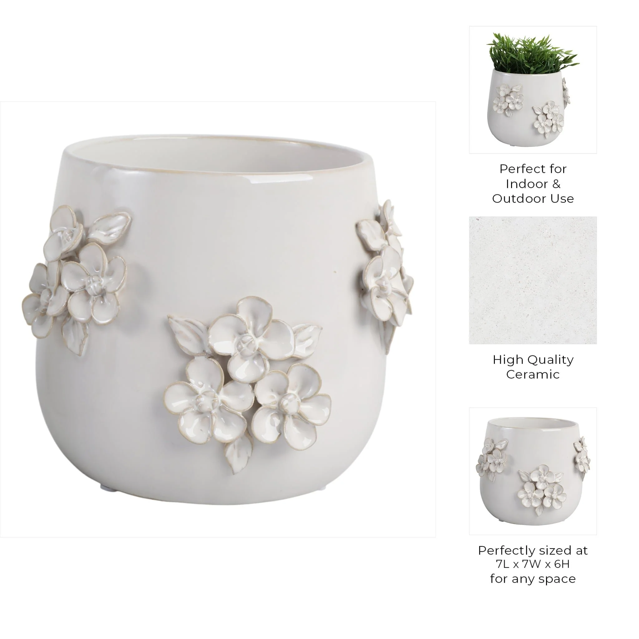 7" Flower Bunches Applique Planter, Ivory - Image 9