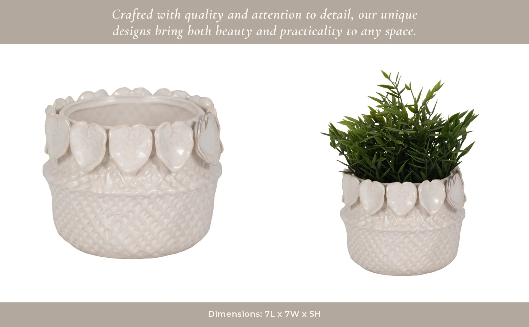 7" Leaf Applique Woven Planter, Cream - Image 14