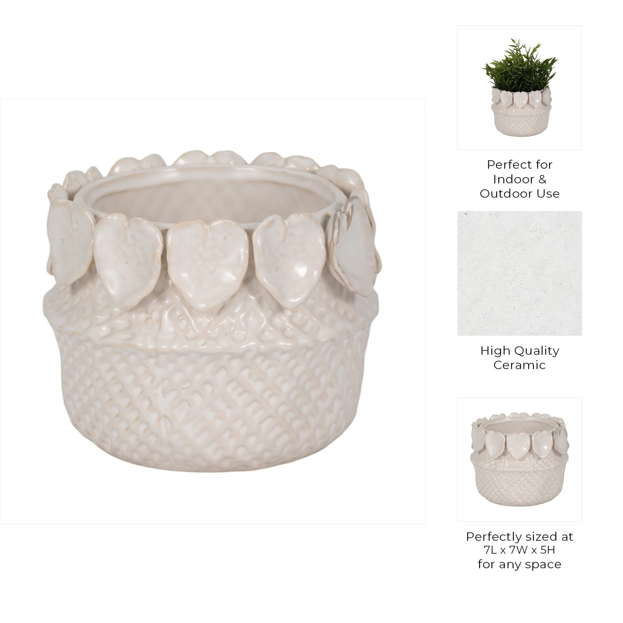7" Leaf Applique Woven Planter, Cream - Image 9