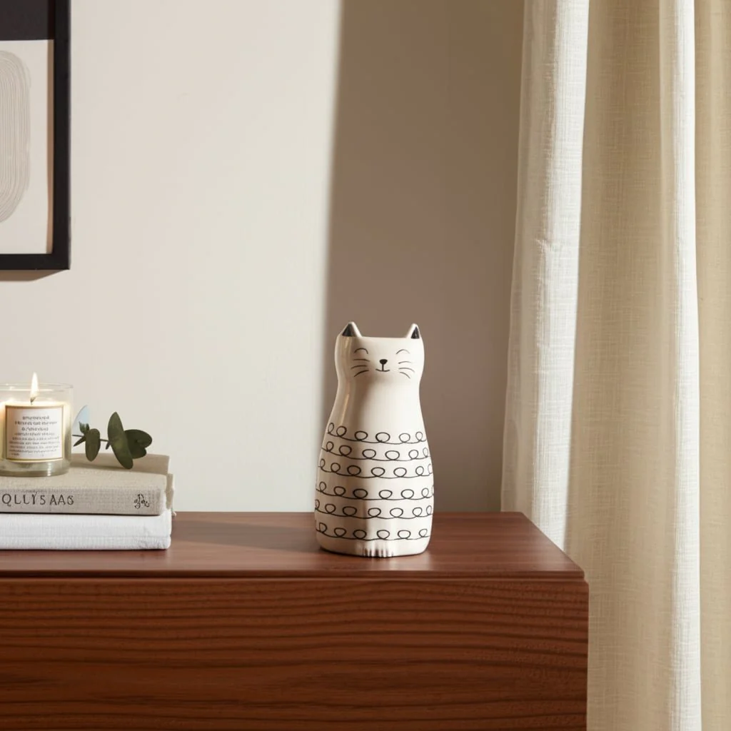7" Squiggly Kitty With Vase Opening, White/black - Image 12