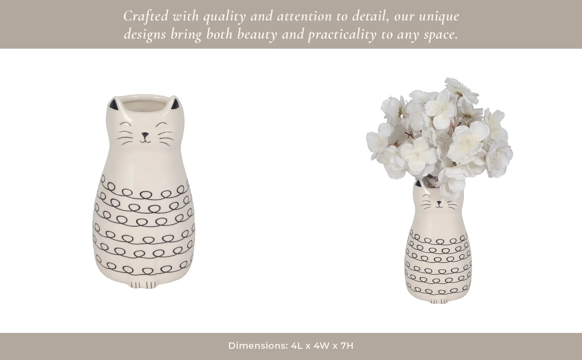 7" Squiggly Kitty With Vase Opening, White/black - Image 15