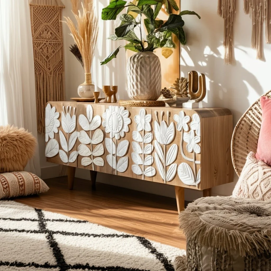 70x30" Flower Field Applique Cabinet, Natural/wht - Image 13