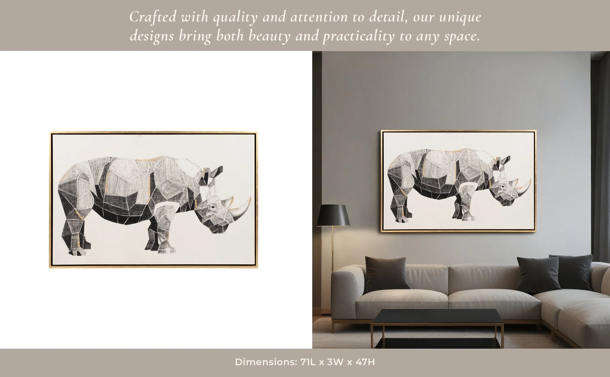 71x47, Hand Painted Charcoal Rhino W/gold Leaf - Image 9