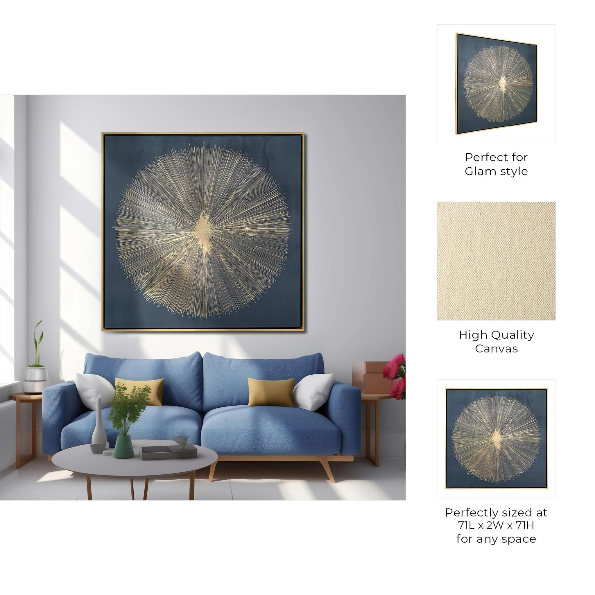 71x71, Hand Painted Shining Gold Leaf Canvas, Blk - Image 8