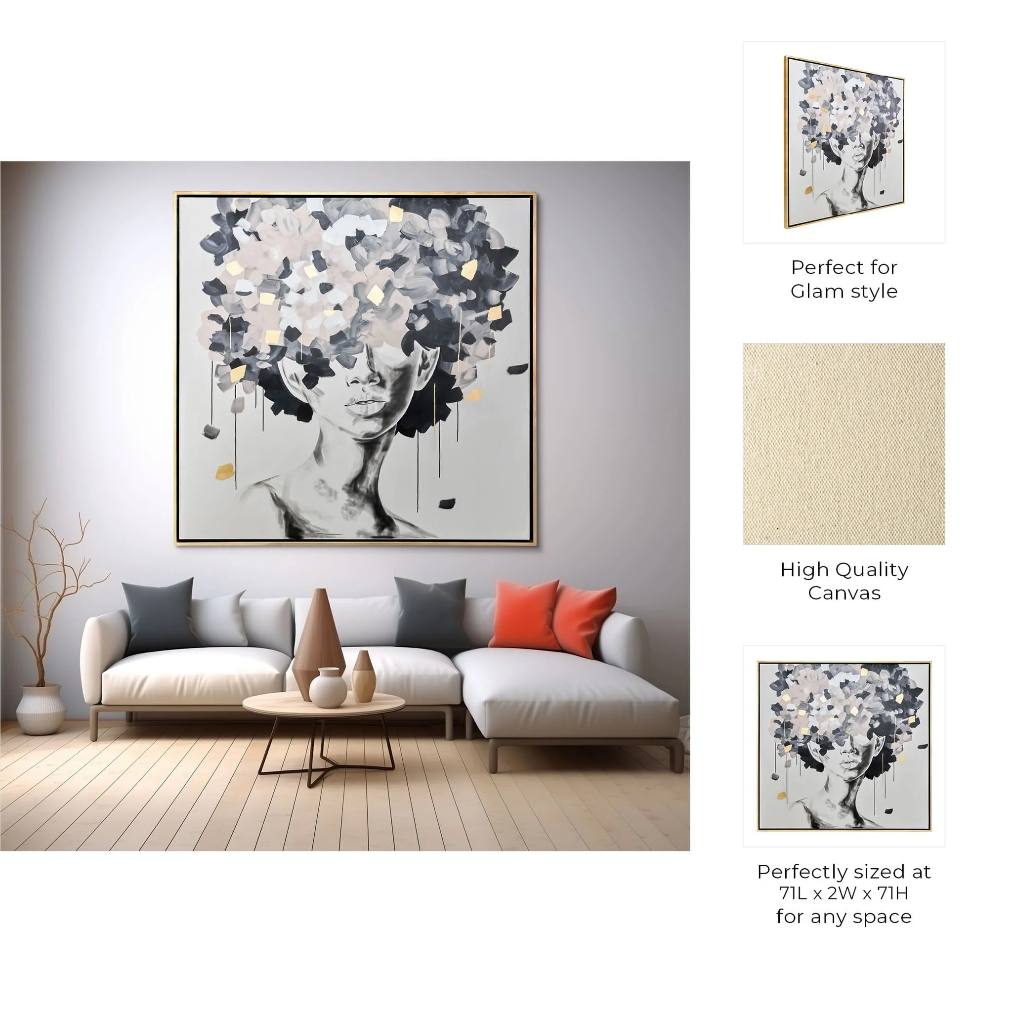 71x71, Hand Pntd Idyll Woman Gld Leaf Canvas,multi - Image 9
