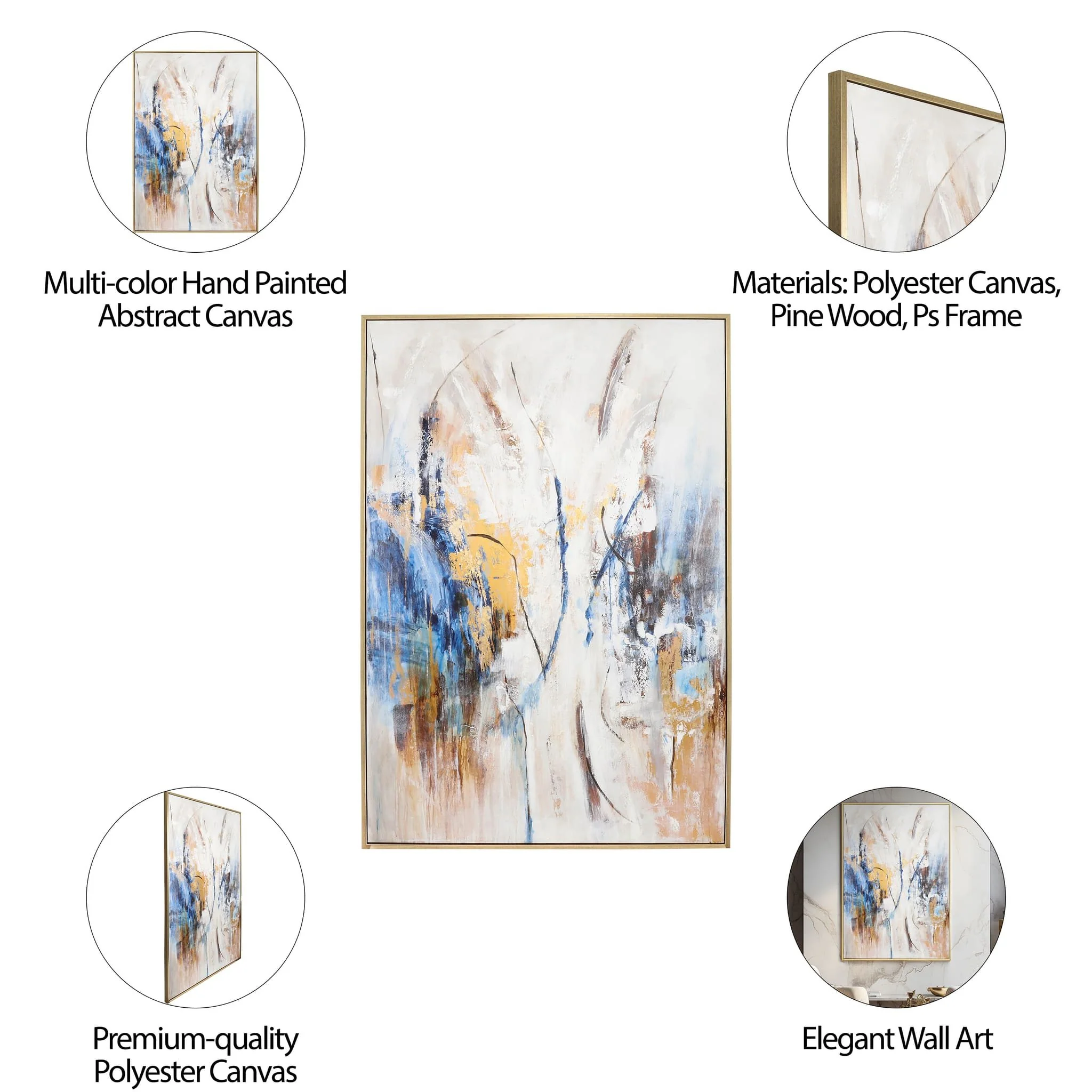 74x50  Framed Hand Painted Abstract Canvas, Multi - Image 9