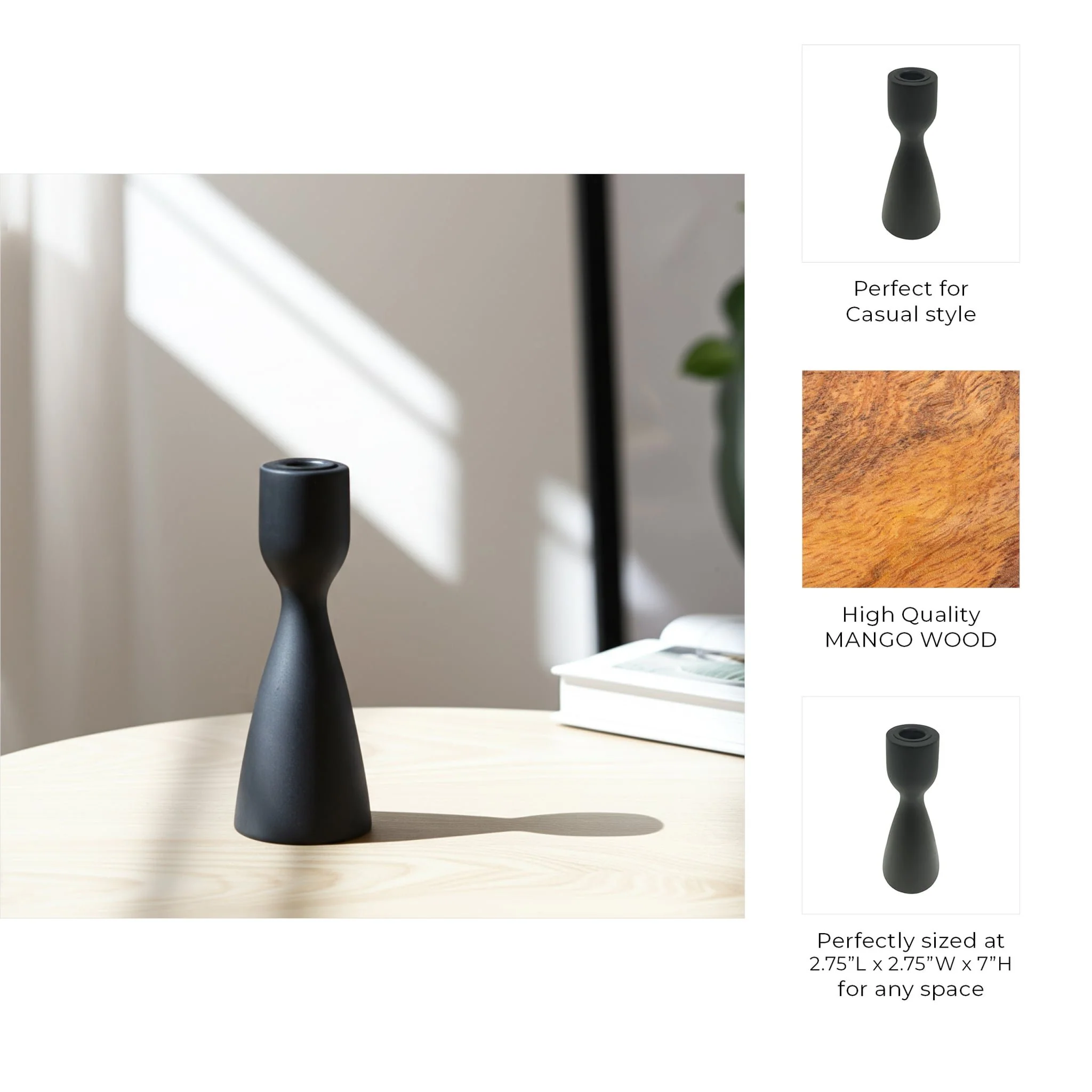 7x3" Wood Modern Taper Holder, Black - Image 2