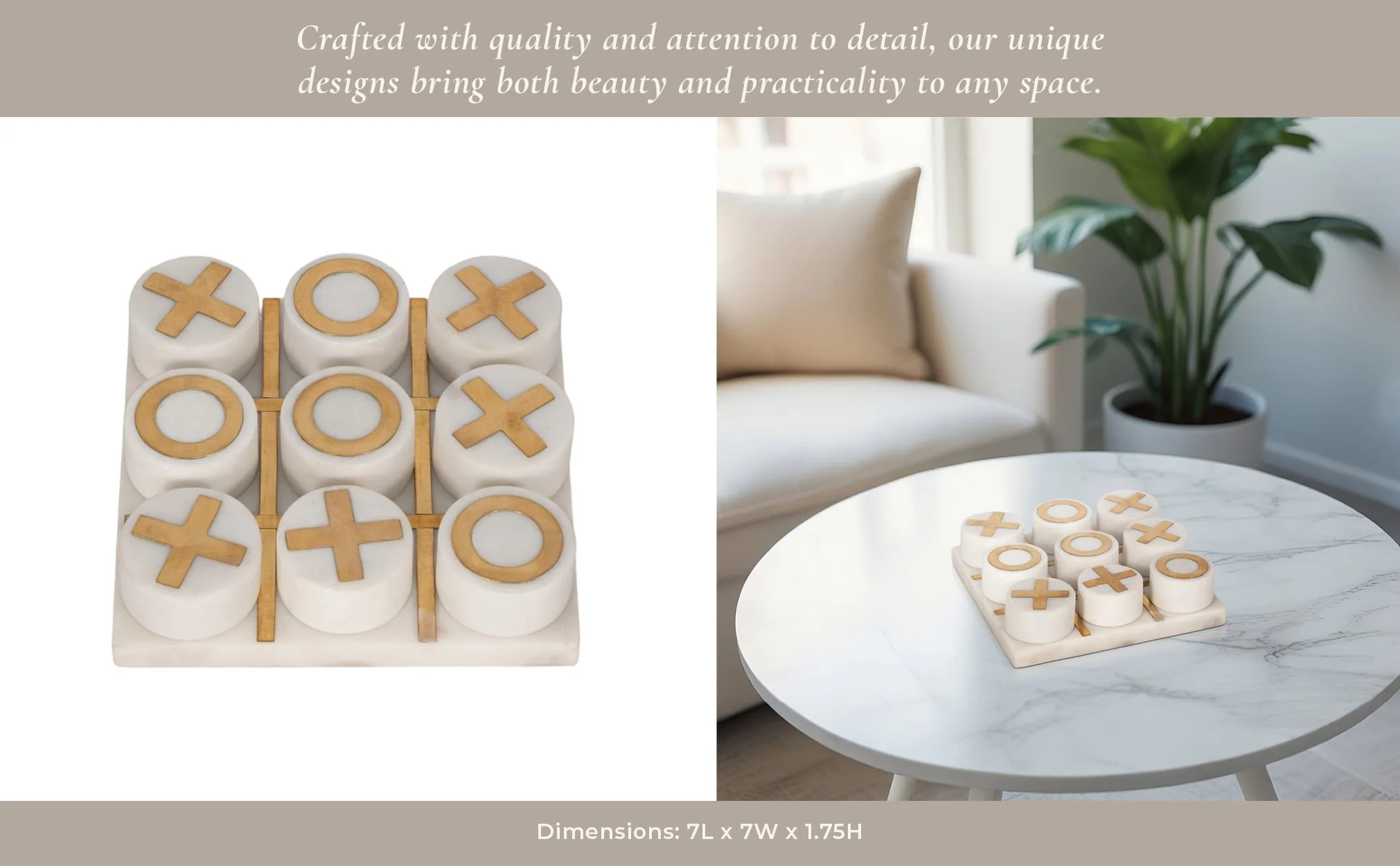 7x7" Marble Tic-tac-toe Brass Inlay, White/gold - Image 10