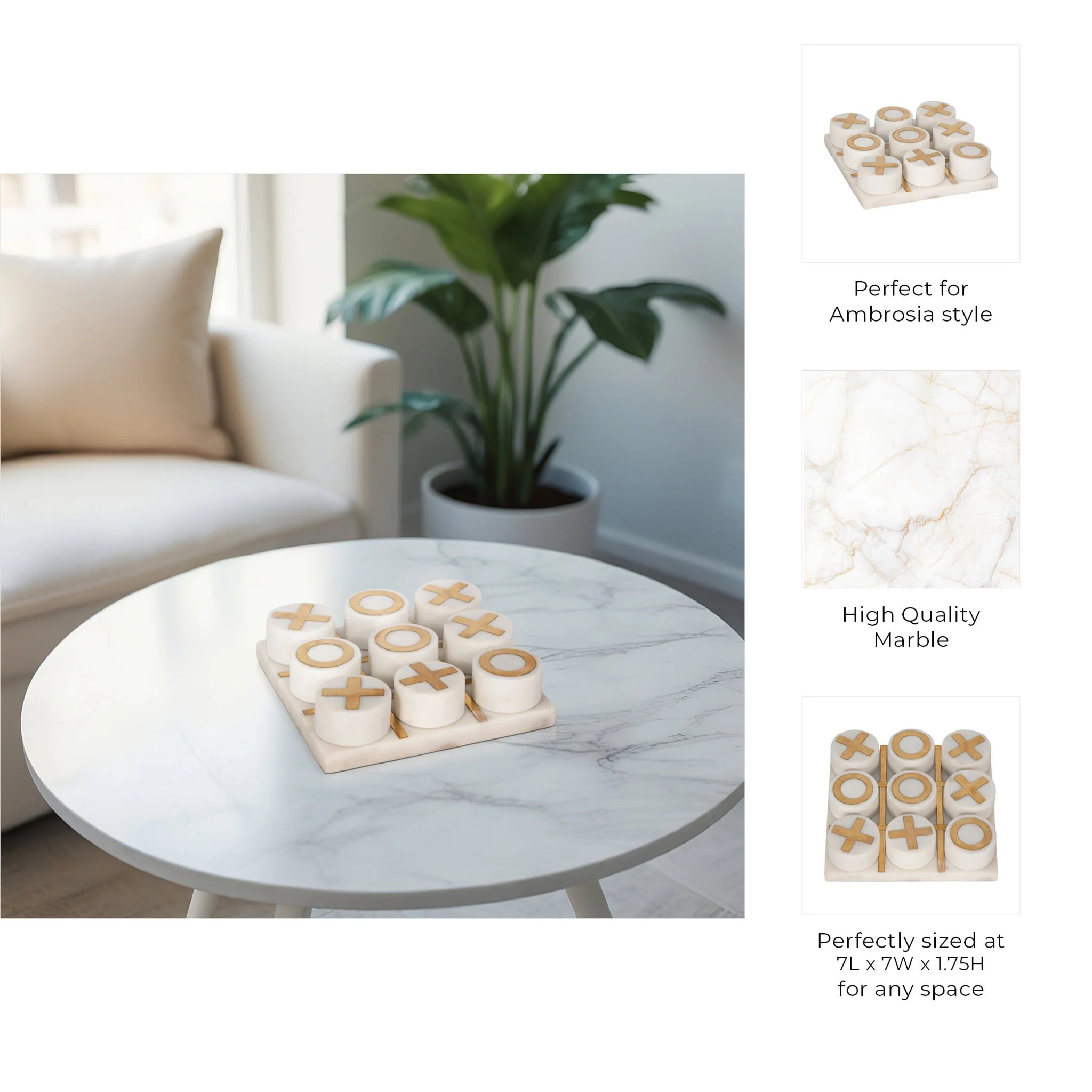 7x7" Marble Tic-tac-toe Brass Inlay, White/gold - Image 7