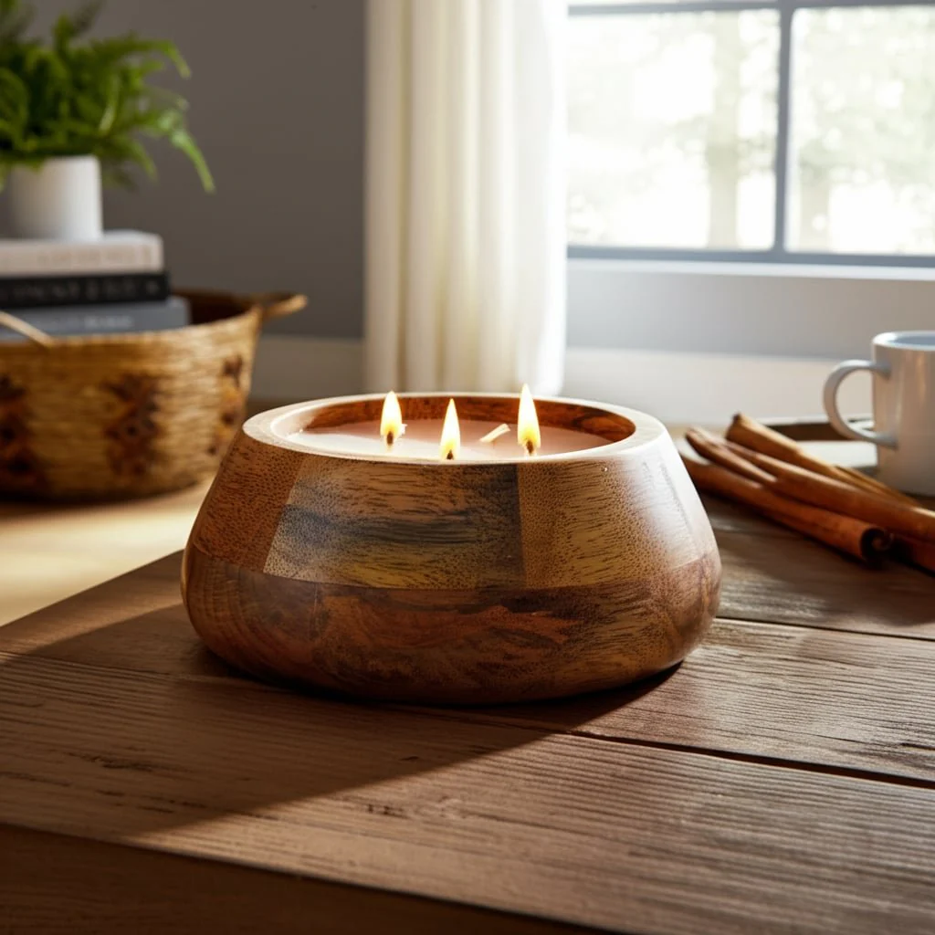 8" 15 Oz Vanilla Modern Wood Bowl Candle, Natural - Image 9