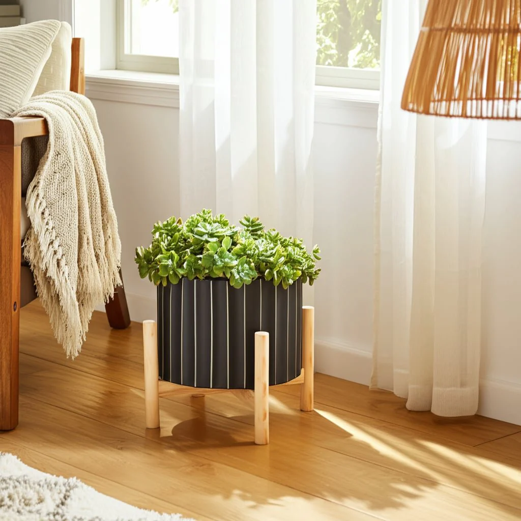 8" Ceramic Fluted Planter W/ Wood Stand, Black - Image 11