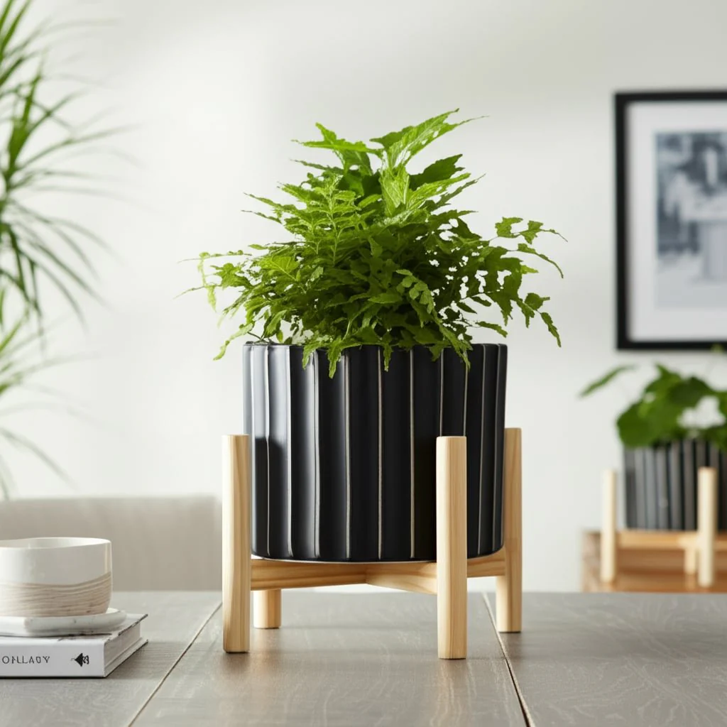 8" Ceramic Fluted Planter W/ Wood Stand, Black - Image 12
