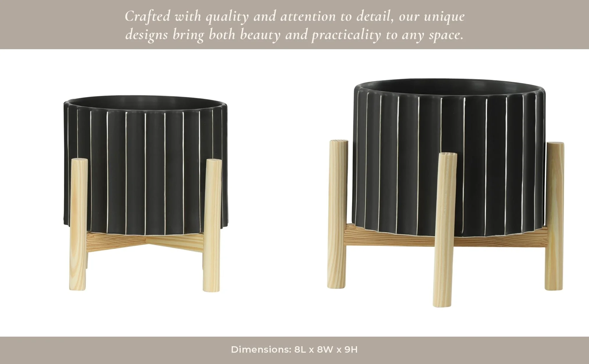 8" Ceramic Fluted Planter W/ Wood Stand, Black - Image 13
