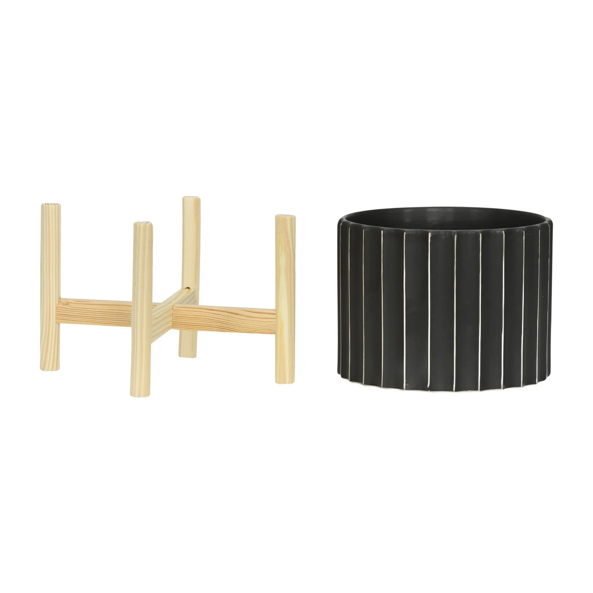8" Ceramic Fluted Planter W/ Wood Stand, Black - Image 3