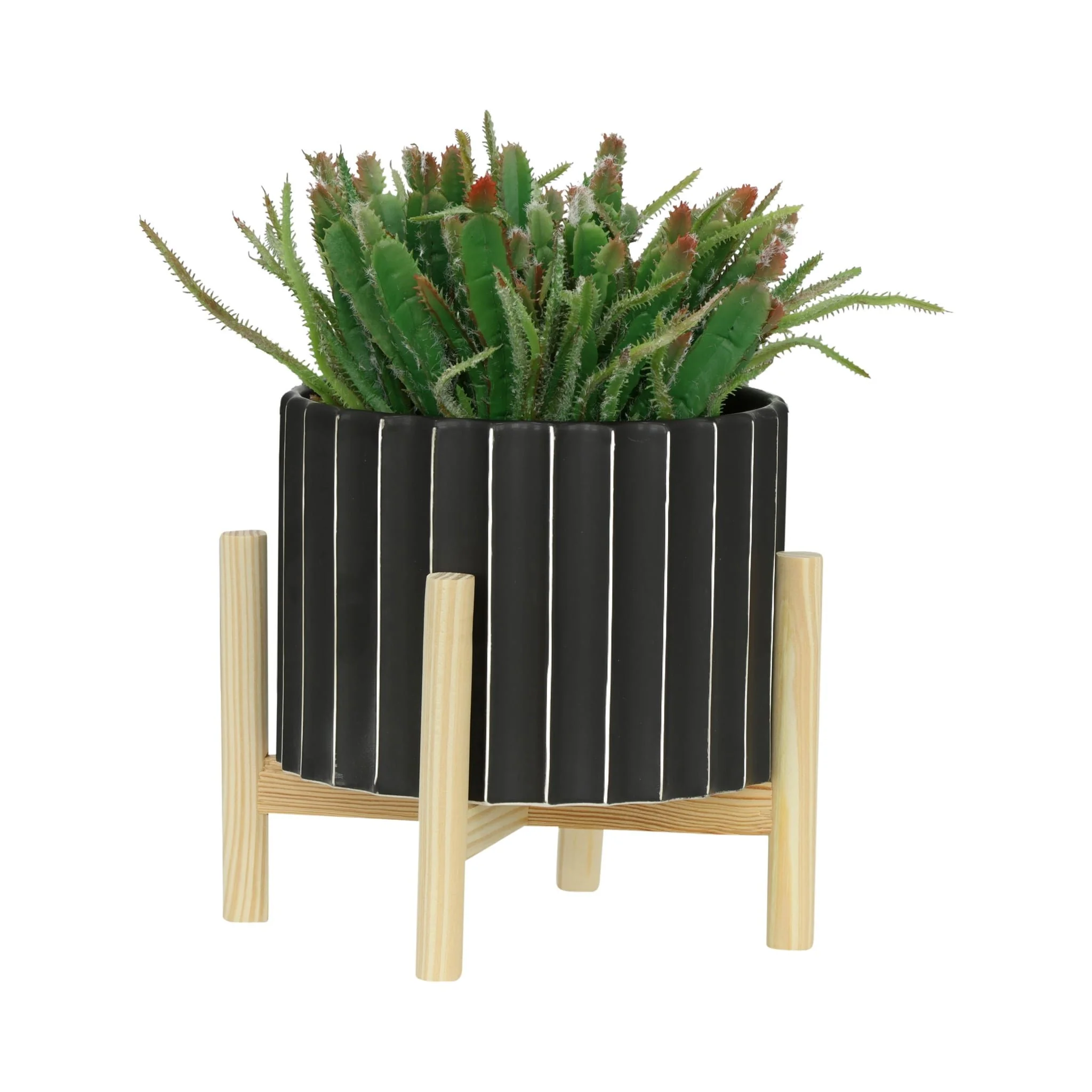 8" Ceramic Fluted Planter W/ Wood Stand, Black - Image 4