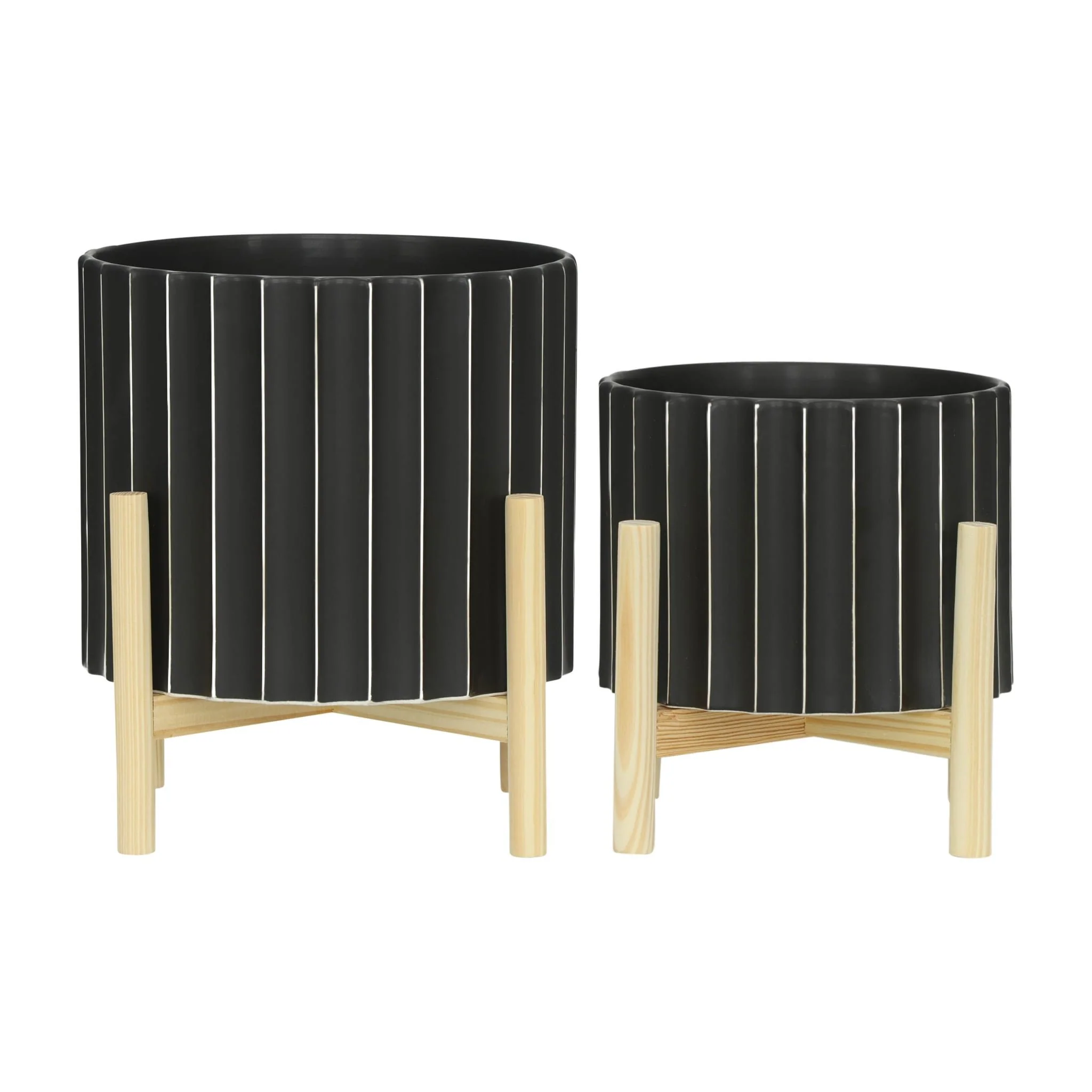 8" Ceramic Fluted Planter W/ Wood Stand, Black - Image 7