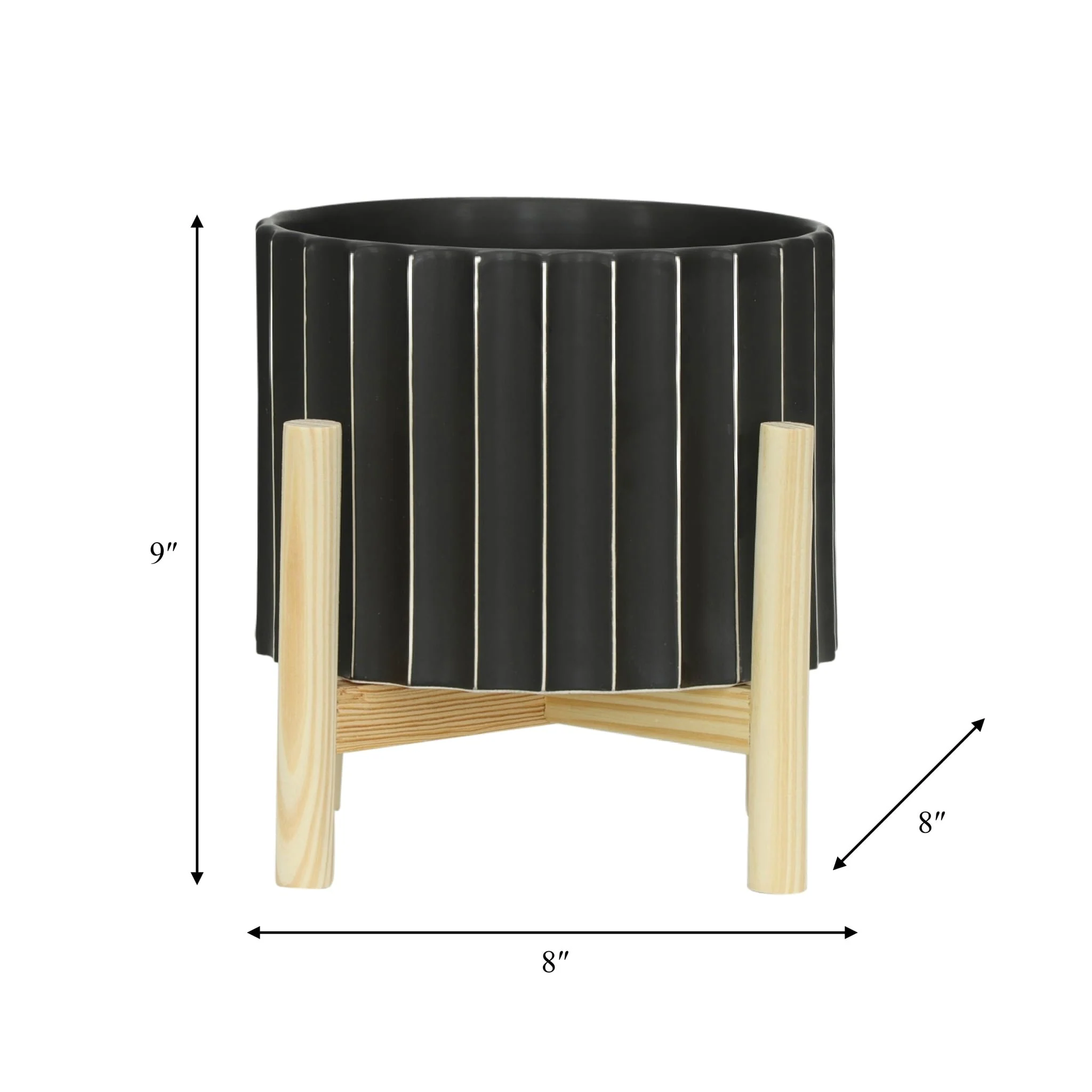 8" Ceramic Fluted Planter W/ Wood Stand, Black - Image 8