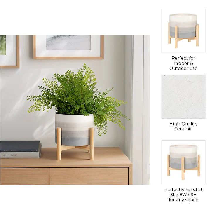 8" Ceramic Planter W/ Wood Stand, Beige Mix - Image 10