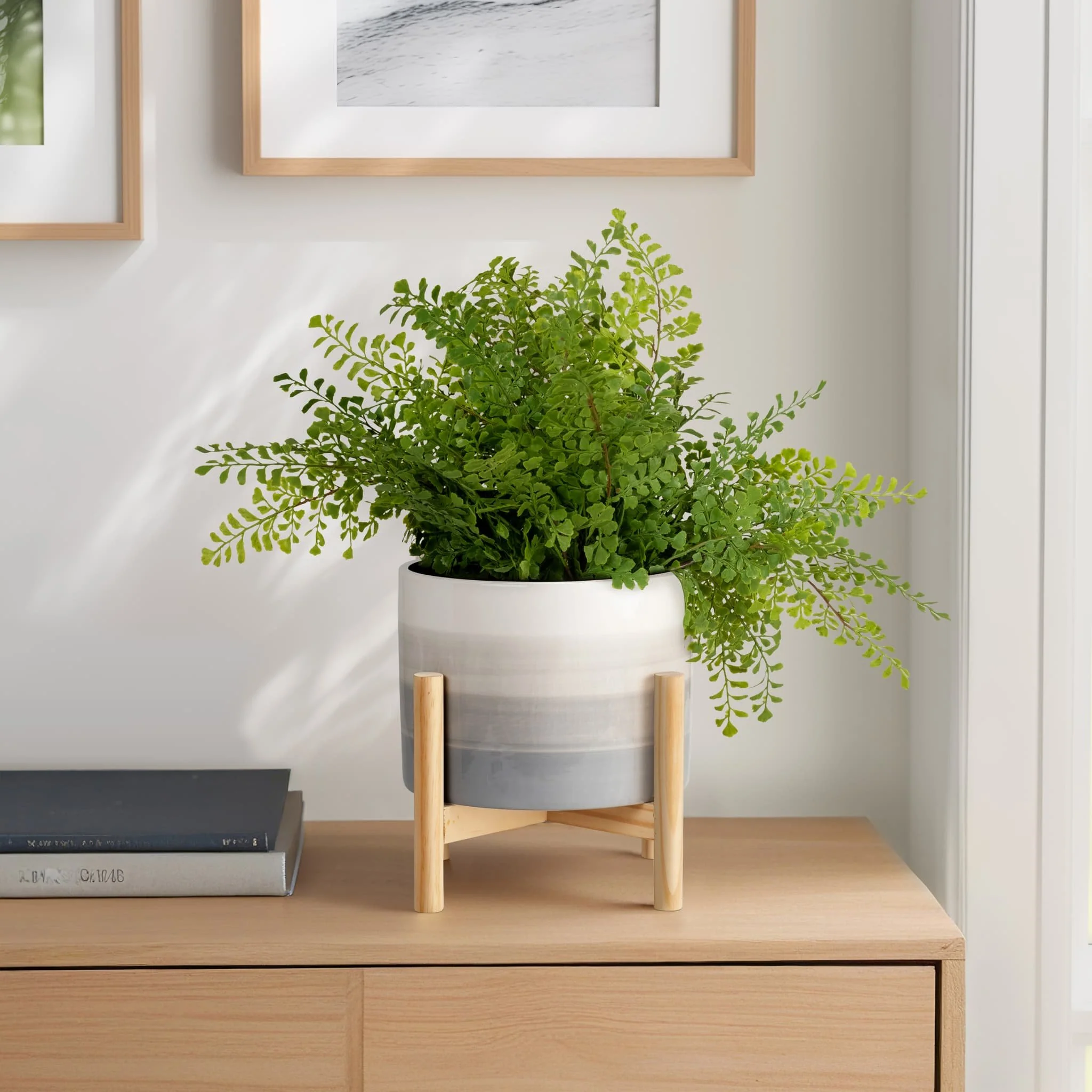 8" Ceramic Planter W/ Wood Stand, Beige Mix - Image 12