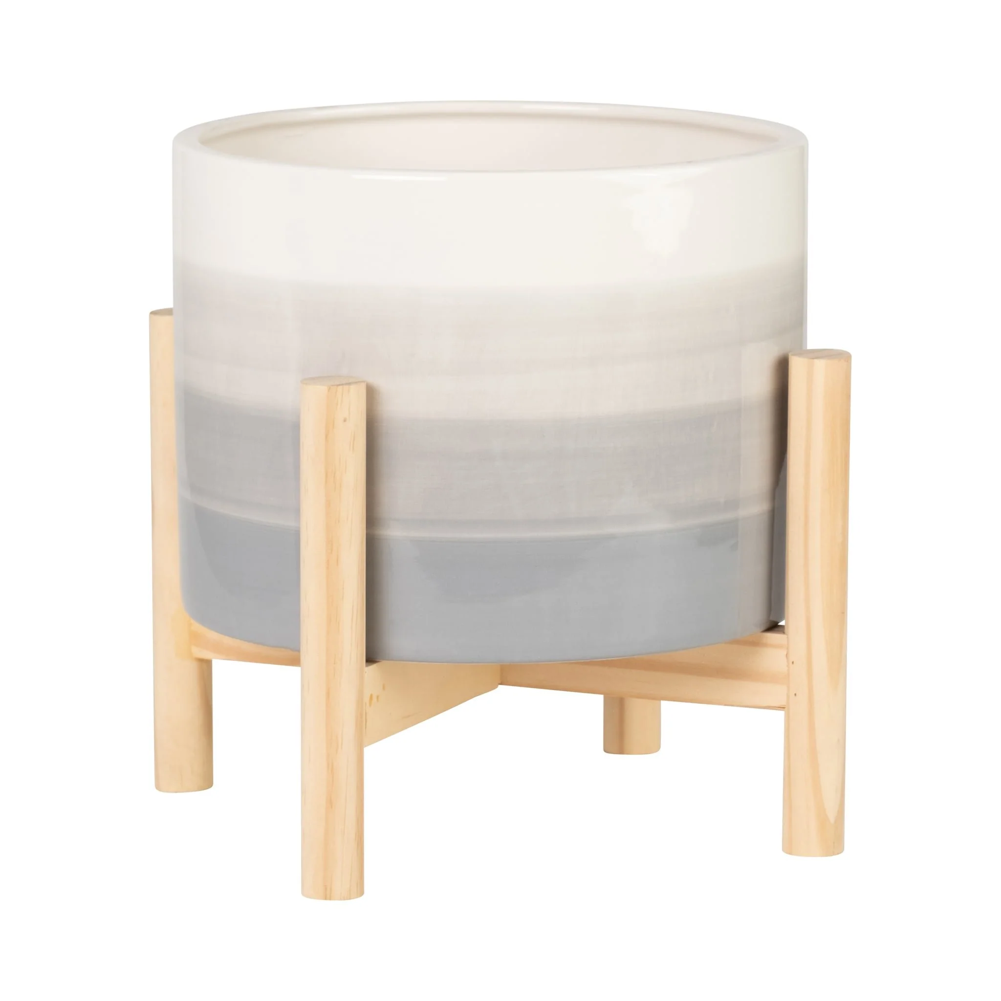 8" Ceramic Planter W/ Wood Stand, Beige Mix - Image 2
